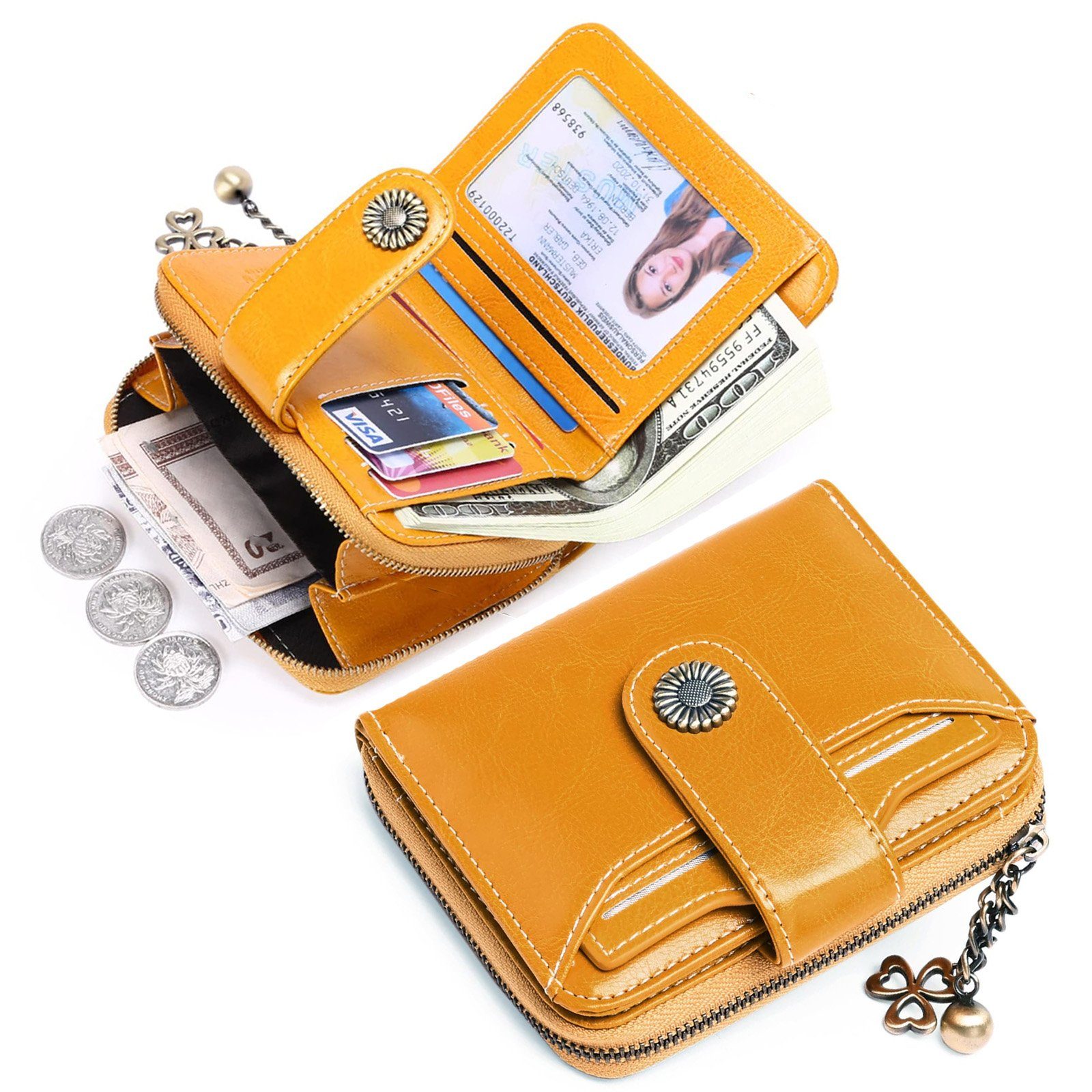 TAN.TOMI Brieftasche Geldbörse Damen Klein,Geldbeutel Frauen Echtes Leder, mit Münzfach Kleines Zipper Brieftasche Kartenhalter mit RFID Blocker Mango