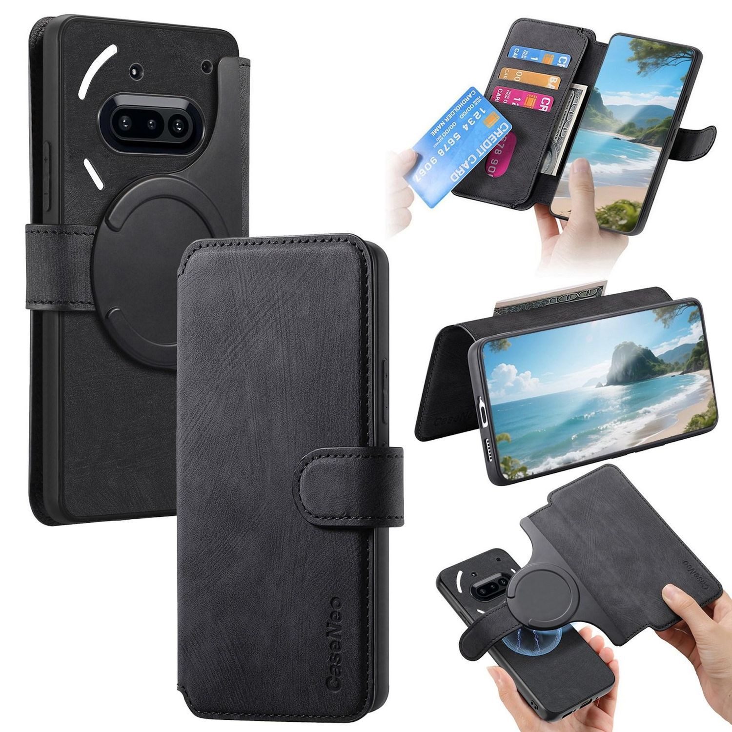 Wigento Handyhülle Für Nothing Phone 3a CaseNeo MagSafe Schutz Kunstleder Hülle Schwarz, RFID Retro Kunstleder Hülle mit MagSafe und Kartenfächern