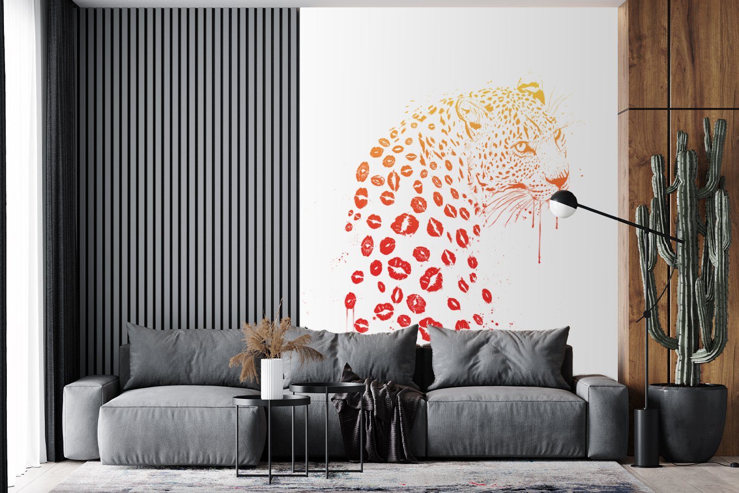 MuchoWow Fototapete Leopard - Tapete Vinyl Montagefertig Lippen Wohnzimmer, Design, für Matt, (4 St), - - Tiere Rot bedruckt, - Wandtapete