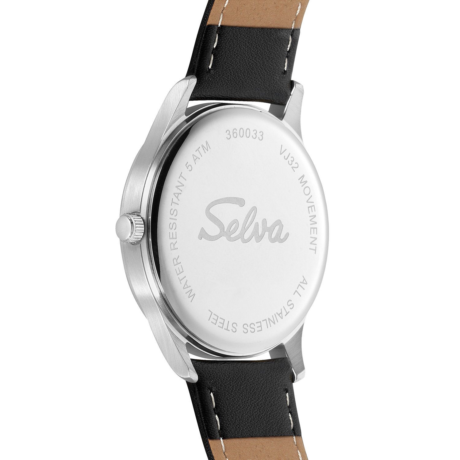 Selva Technik Quarzuhr SELVA Quarz-Armbanduhr mit Lederband Zifferblatt weiß, Gehäuse Ø 39mm