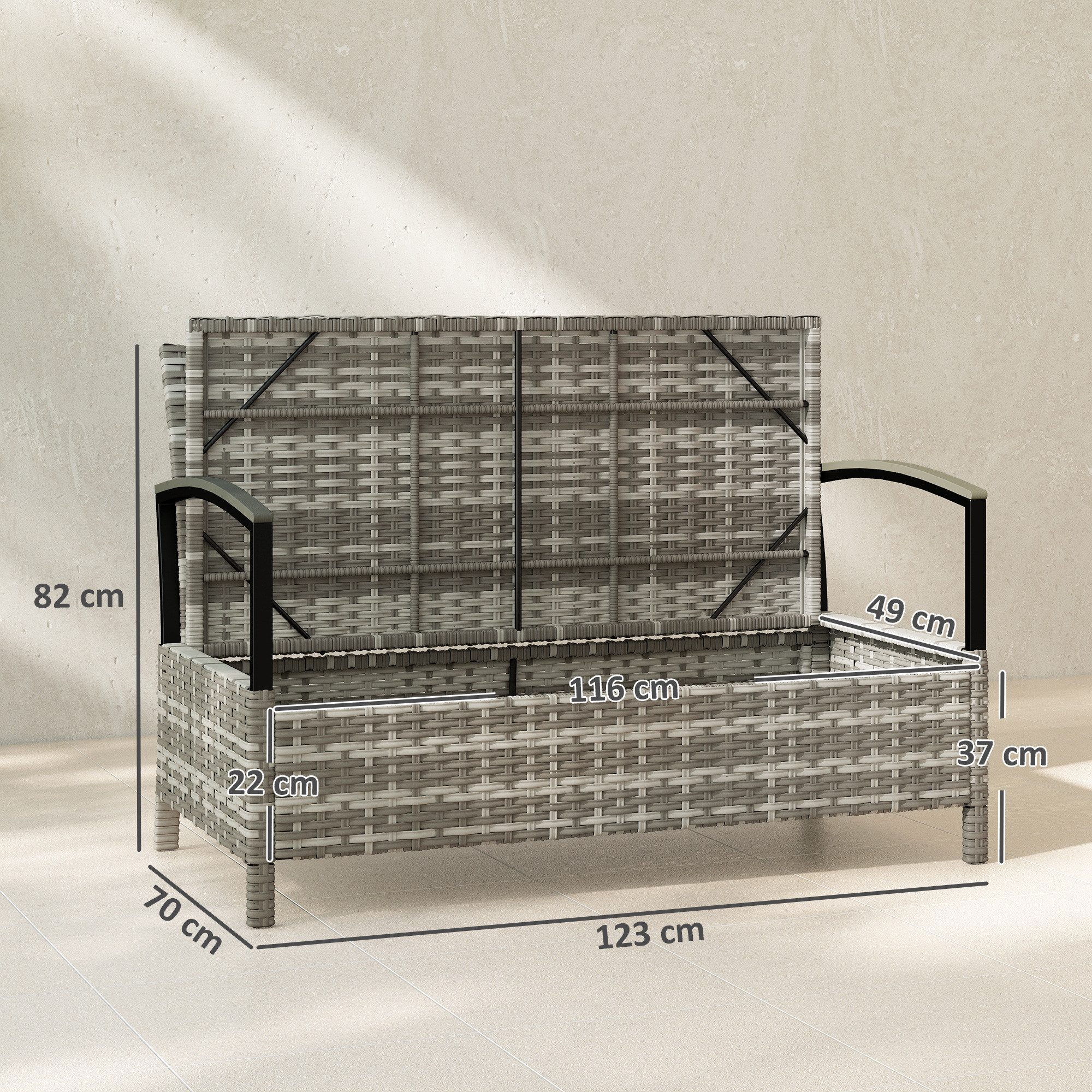 Outsunny Sitzbank mit Kissen Haltegriffen (2-Sitzer Aufbewahrungsbank, 2-St., Gartenbank mit Stauraum), für Flur Schlafzimmer Wohnzimmer Poly Rattan 123x70x82 cm Dunkelgrau