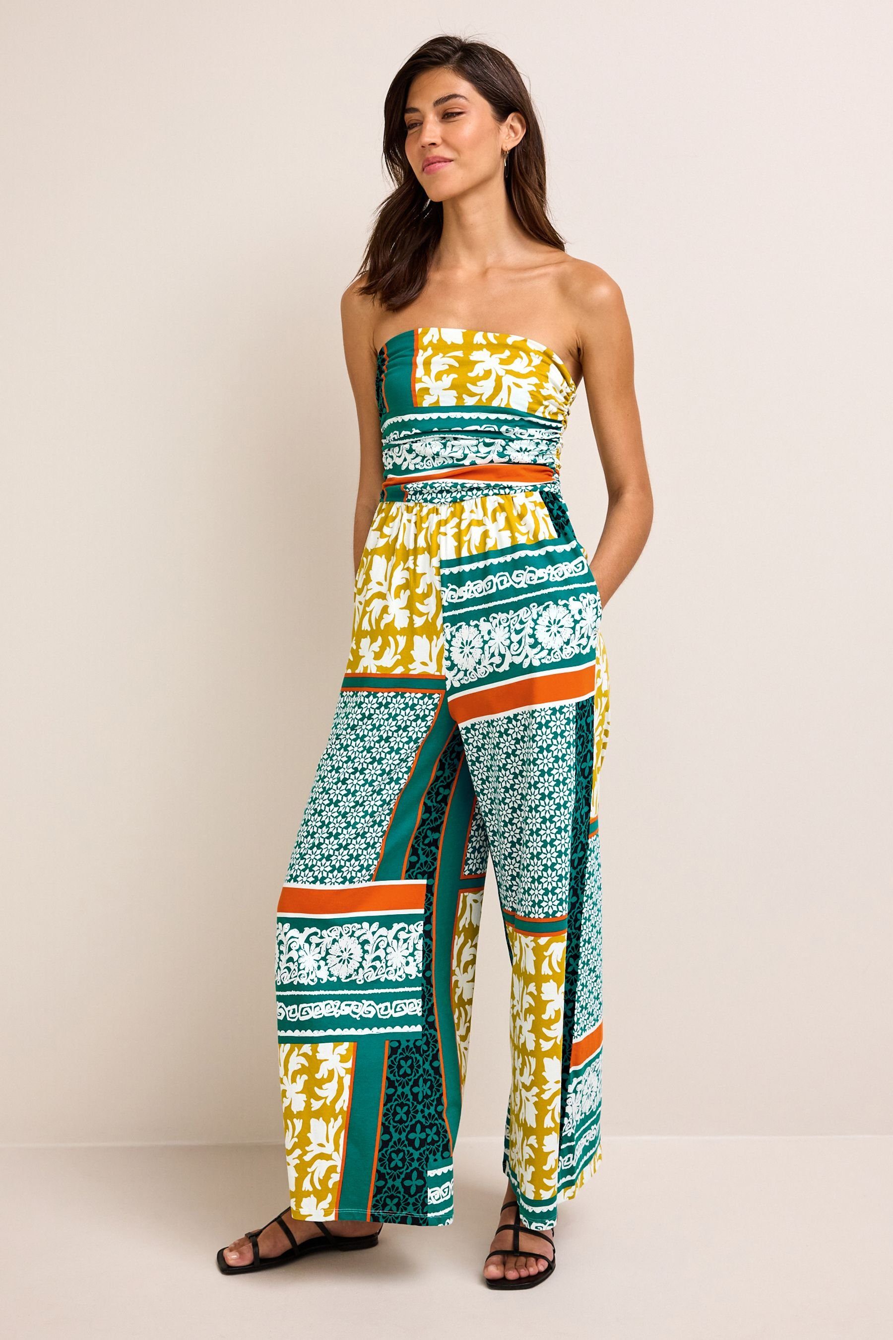 aus Jumpsuit Next Teal Bandeau-Overall Blue Scarf (1-tlg) Print Jersey