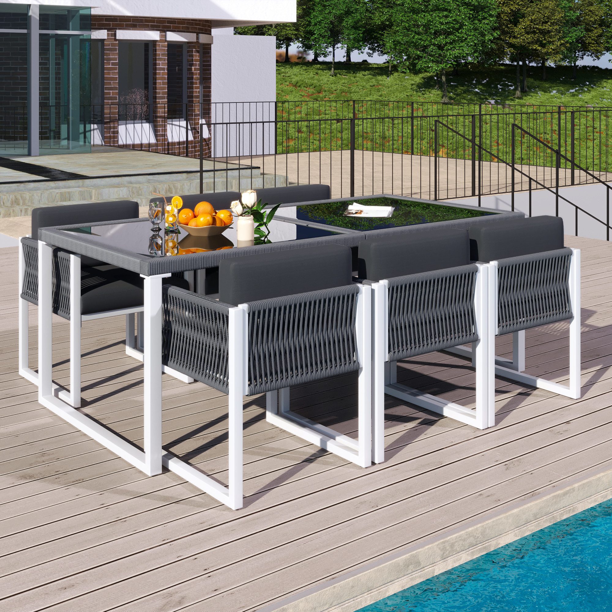 Merax Sitzgruppe aus Seil, (7-tlg., Gartenlounge Terrassenmöbel Gartengarnitur), 6-Sitzer Gartenmöbel-Set mit Sessel & Tisch mit gehärteter Glasplatte