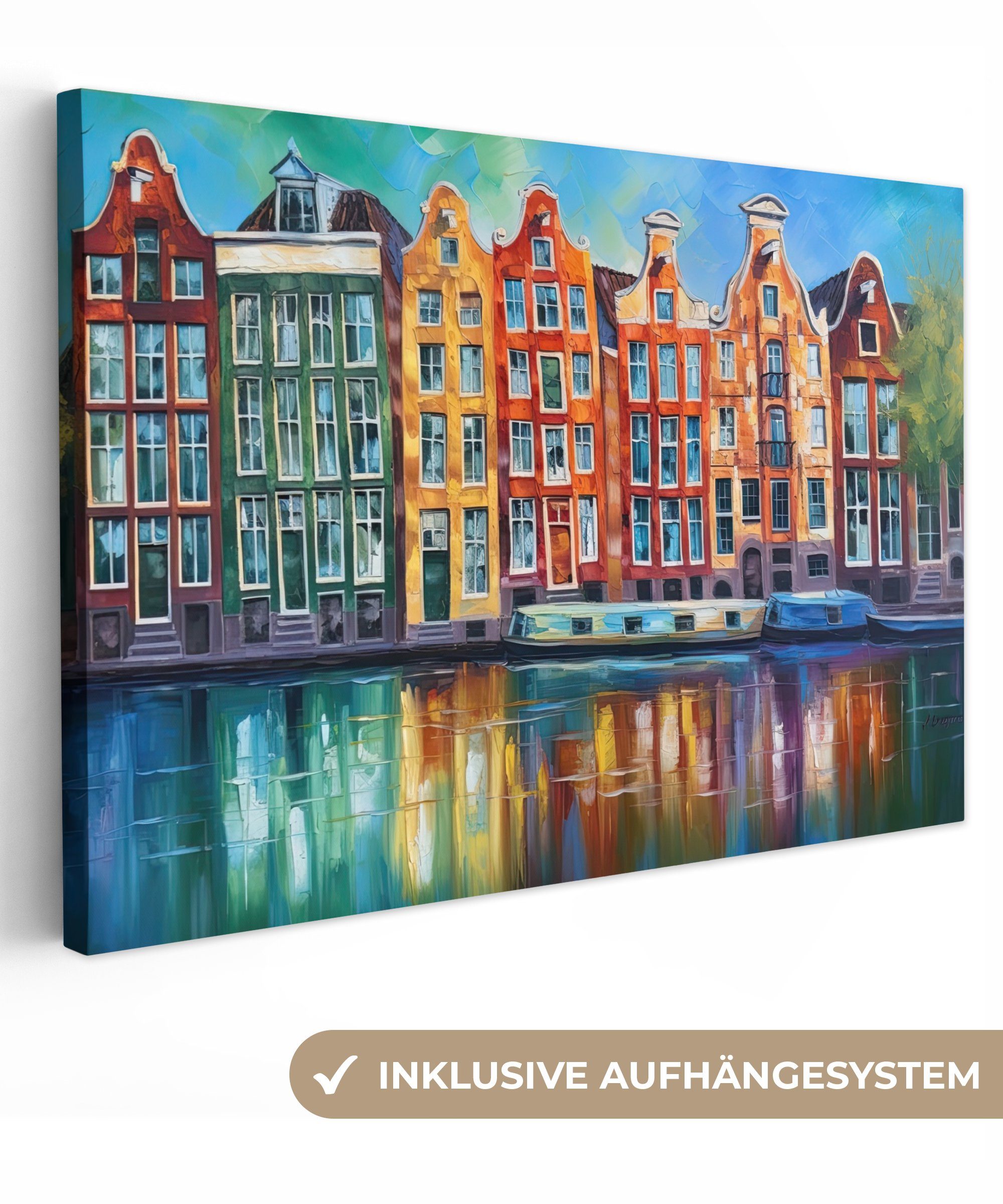 OneMillionCanvasses® Leinwandbild Amsterdam - Ölgemälde - Gracht - Gemälde - Kunst, (1 St), Wandbild für alle Wohnbereiche, Gemälde, XXL, großes, 120x80 cm | Leinwandbilder