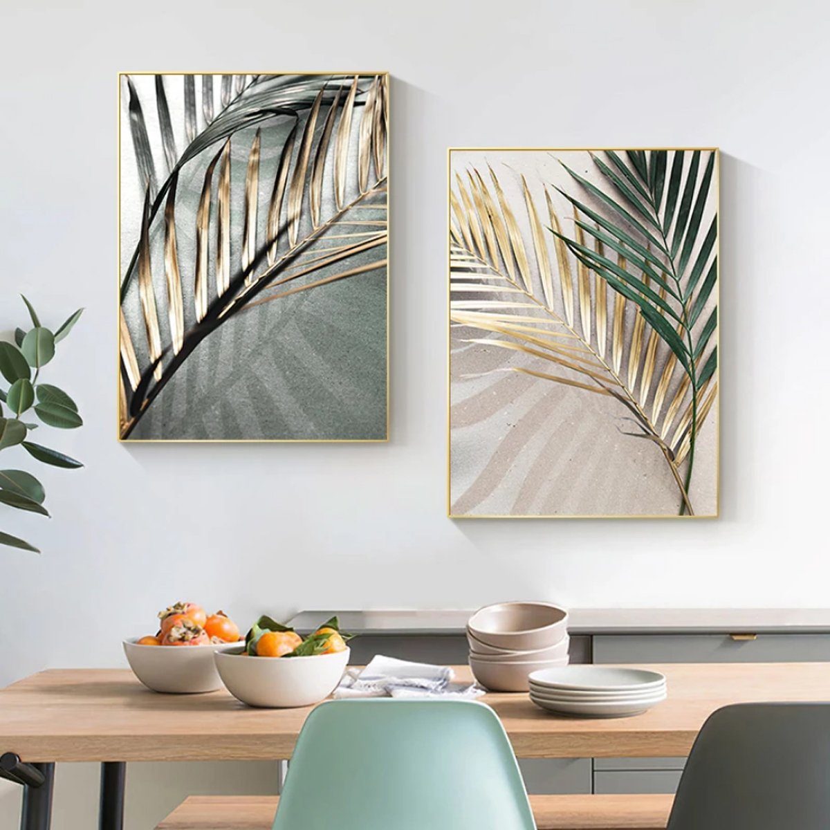 TPFLiving Kunstdruck (OHNE RAHMEN) Poster - Leinwand - Wandbild, Goldene Blätter - Wanddeko Wohnzimmer - (15 verschiedene Größen zur Auswahl - Auch im günstigen 3-er Set), Farben: Beige, Grau, Grün, Gold - Größe: 10x15cm