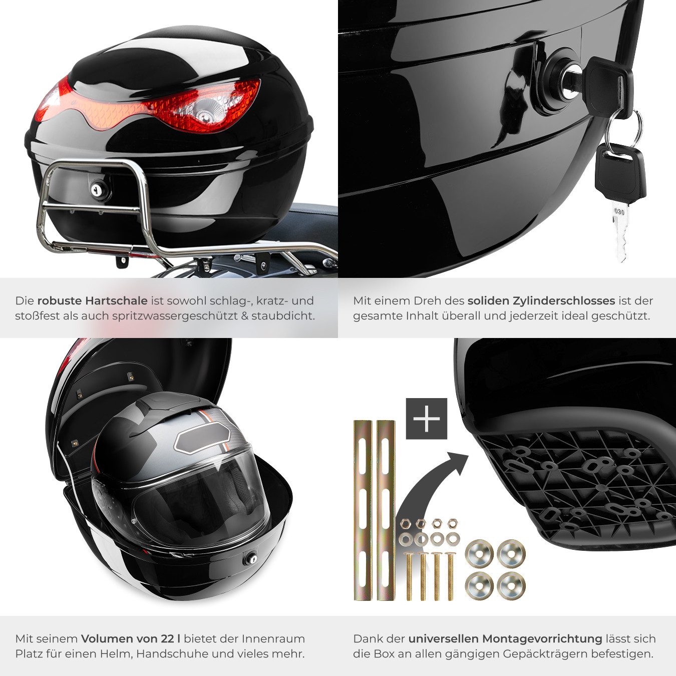 tectake Topcase Motorradkoffer mit Sicherheitsschloss, großer Reflektor, (Roller Koffer Sergej, in schwarz), Volumen 22 l, robust und spritzwassergeschützt – Bild 4 von 5