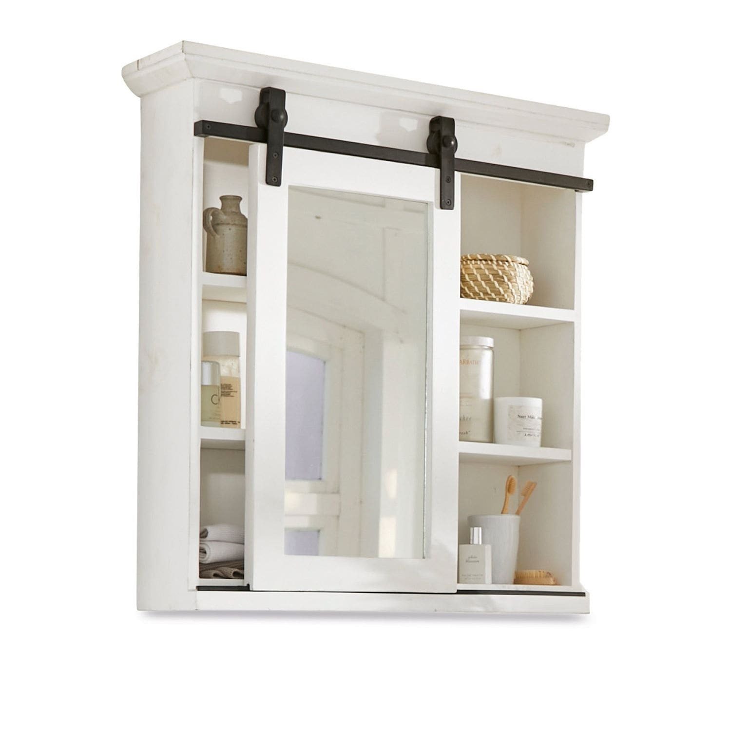 Mirabeau Spiegelschrank stilvoller Badezimmerschrank Dhunnan aus Mangoholz mit Spiegel weiß (Massivholz, verschiebbarer Spiegel, offene Ablagefächer) Spiegelschrank, Badregal mit Spiegel, B 75cm, H 80cm, T 20cm