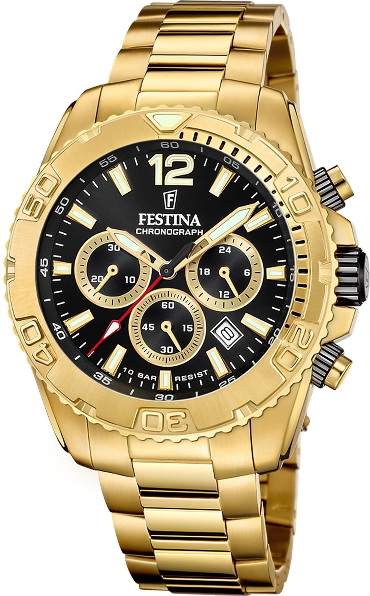 Festina Chronograph Festina Herrenuhr Timeless Chronograph, (Chronograph), Herren Armbanduhr rund, Edelstahlarmband gold, Elegant