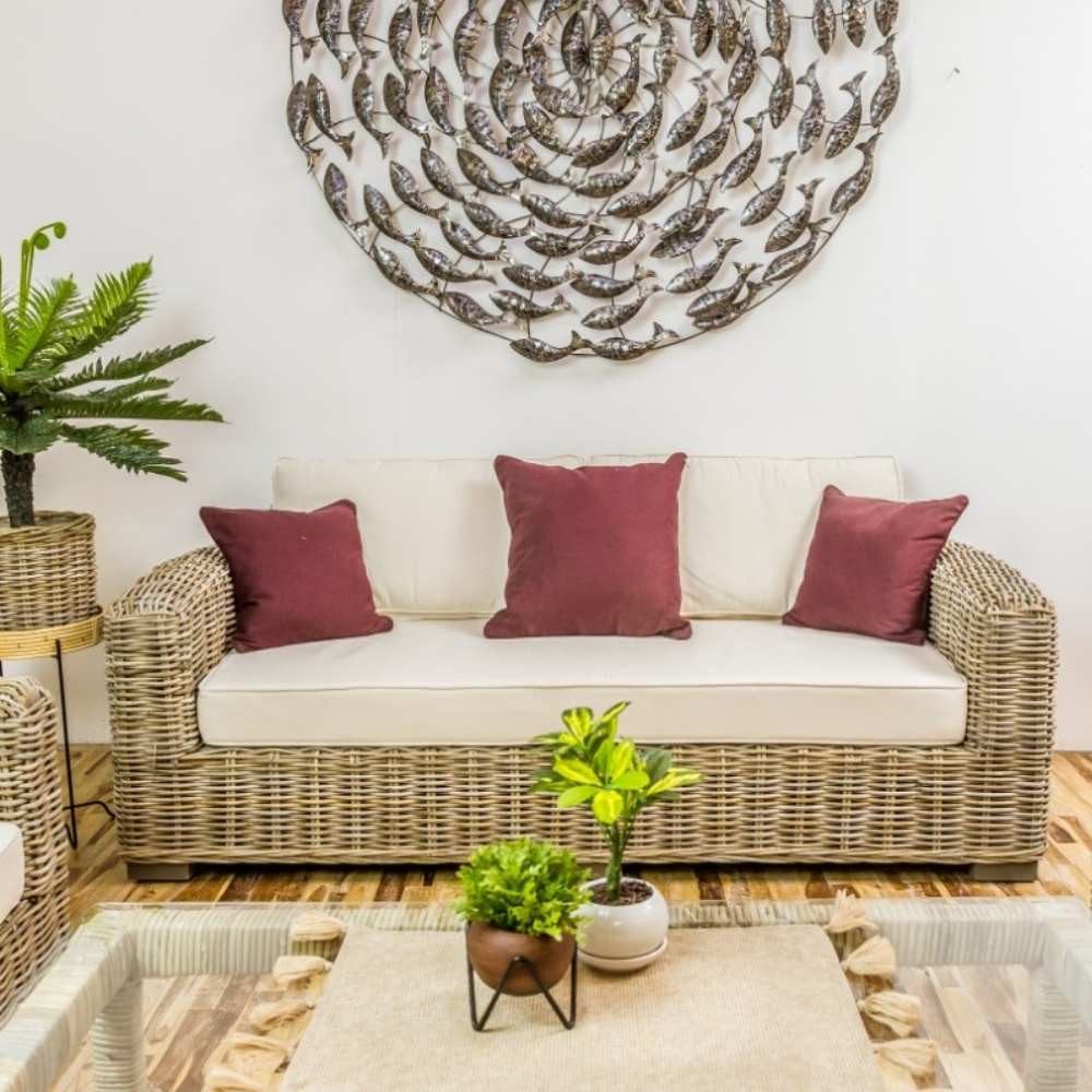 LebensWohnArt Sofa Gemütliches 2-Sitzer Lounge Sofa LIVING Rattan in Grey ca.180cm