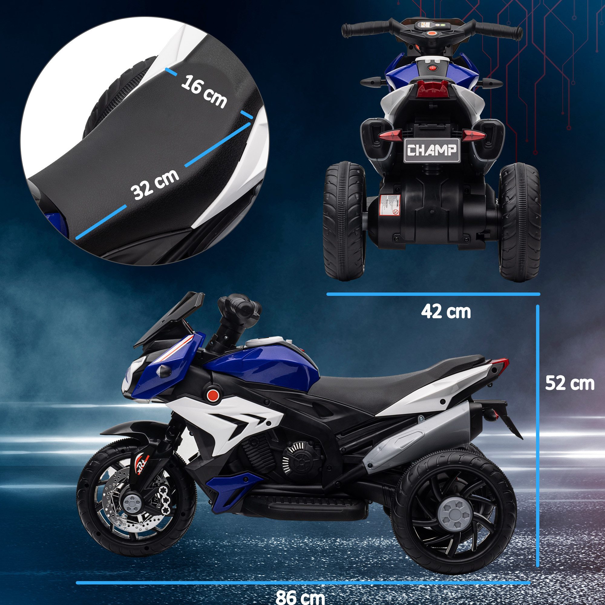 HOMCOM Elektro-Kindermotorrad mit Musik, Scheinwerfer, 25W Motor, 3 km/h, Belastbarkeit 25 kg, (1-tlg), für Kinder von 3-5 Jahren, Blau+Weiß