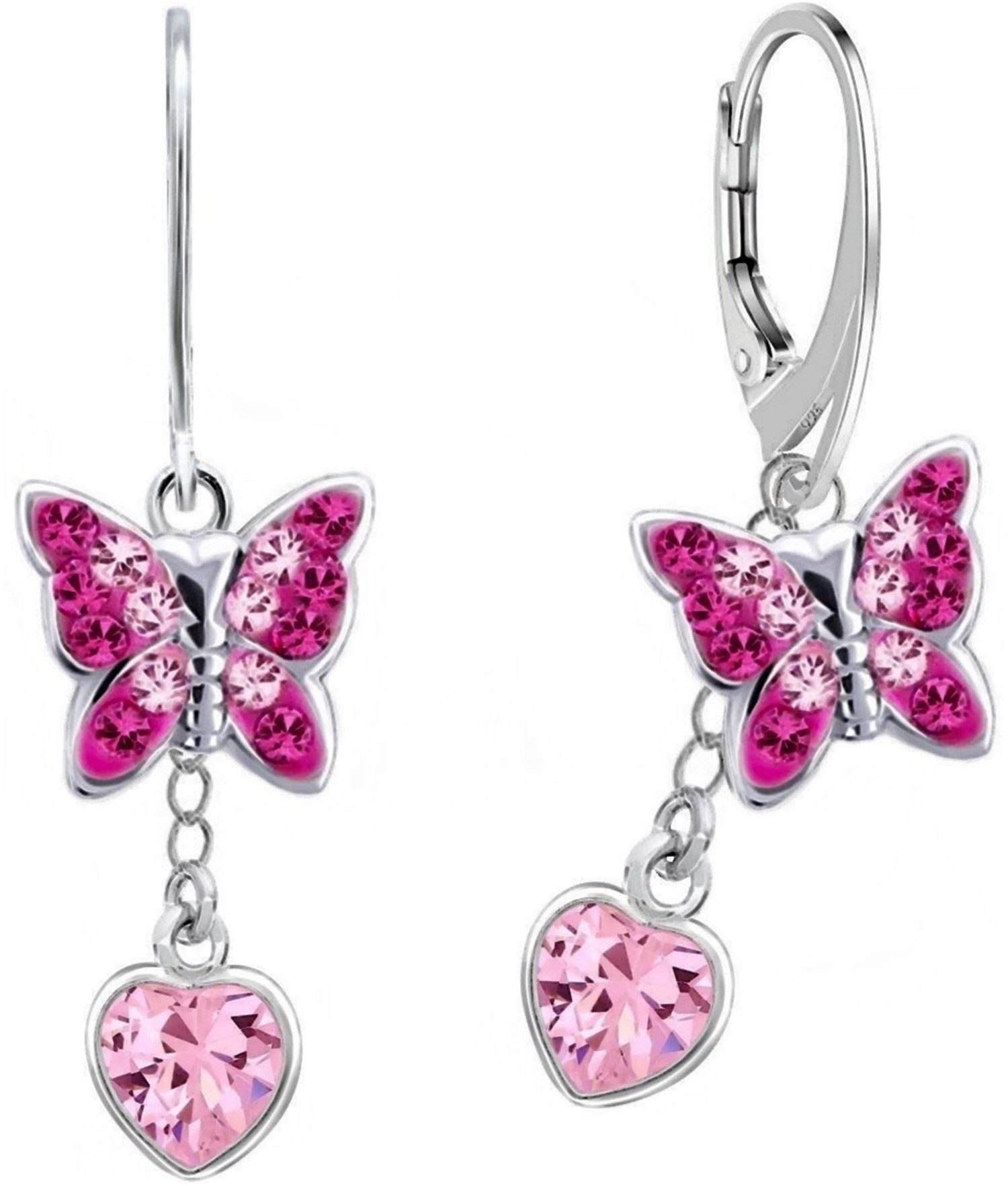 Paar Ohrhänger Schmetterling mit Rosa Herz Zirkonia Klappbrisuren 925 Silber