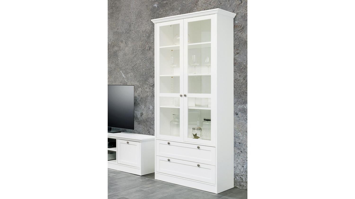 Finori Vitrine Vitrine Landwood weiß mit 2 Schubkästen Landhausstil 80x200 cm