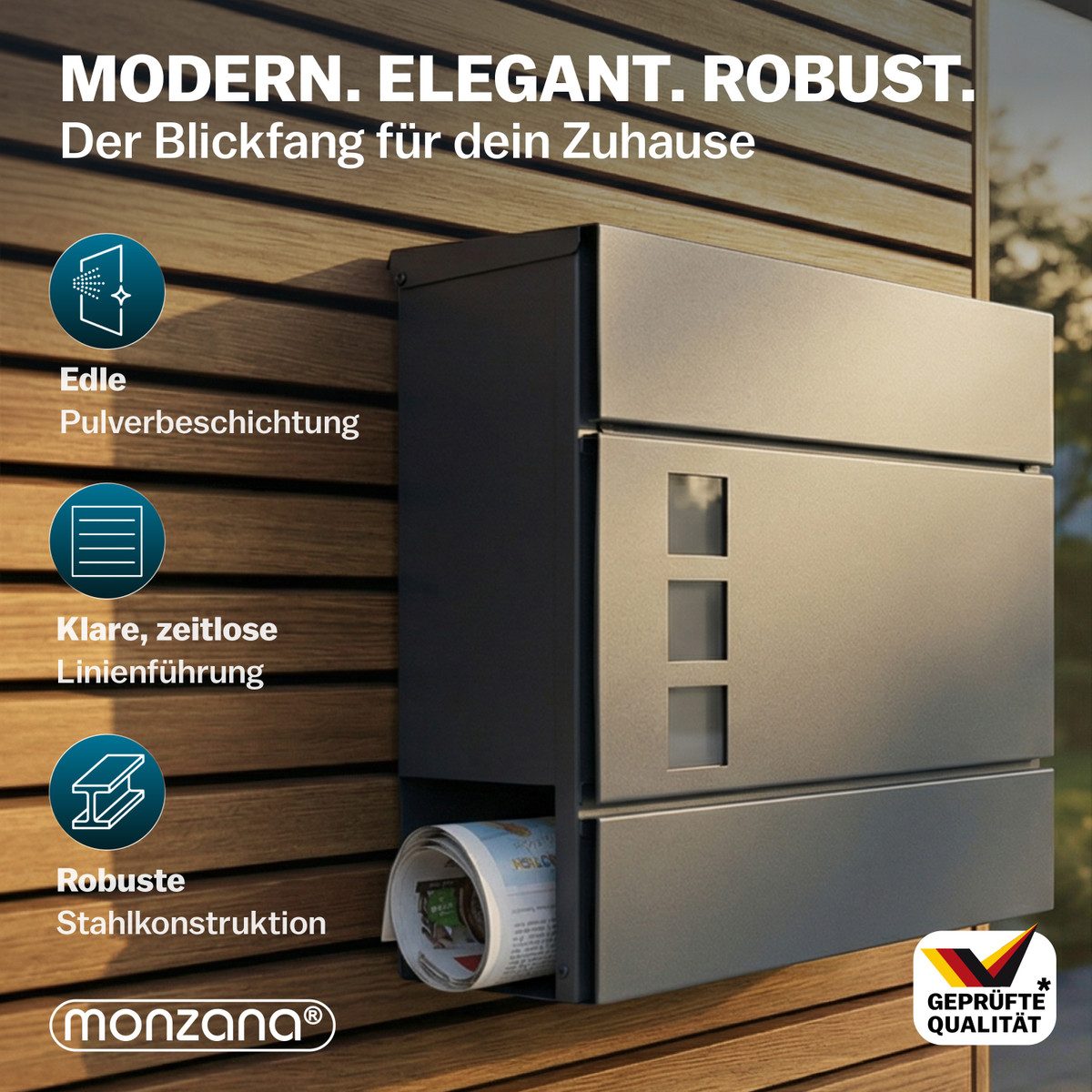 monzana Wandbriefkasten, Design Stahl mit Zeitungsfach Sichtfenster 2 Schlüssel