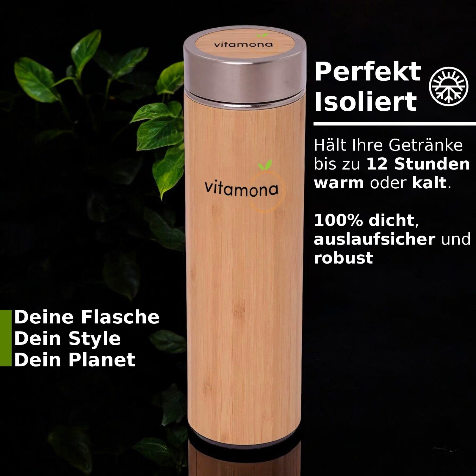Vitamona Thermoflasche Bambus Thermoflasche 500ml Teebereiter ökologisch, Edelstahl und Bambus