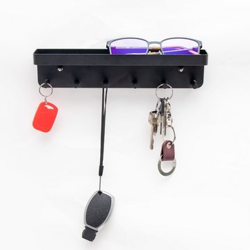Intirilife Schlüsselbrett Schlüsselbrett, (24.5 x 6 x 4.7 cm, 6 St), Schlüsselbrett mit Ablage in Schwarz - Selbstklebend - Hakenleiste