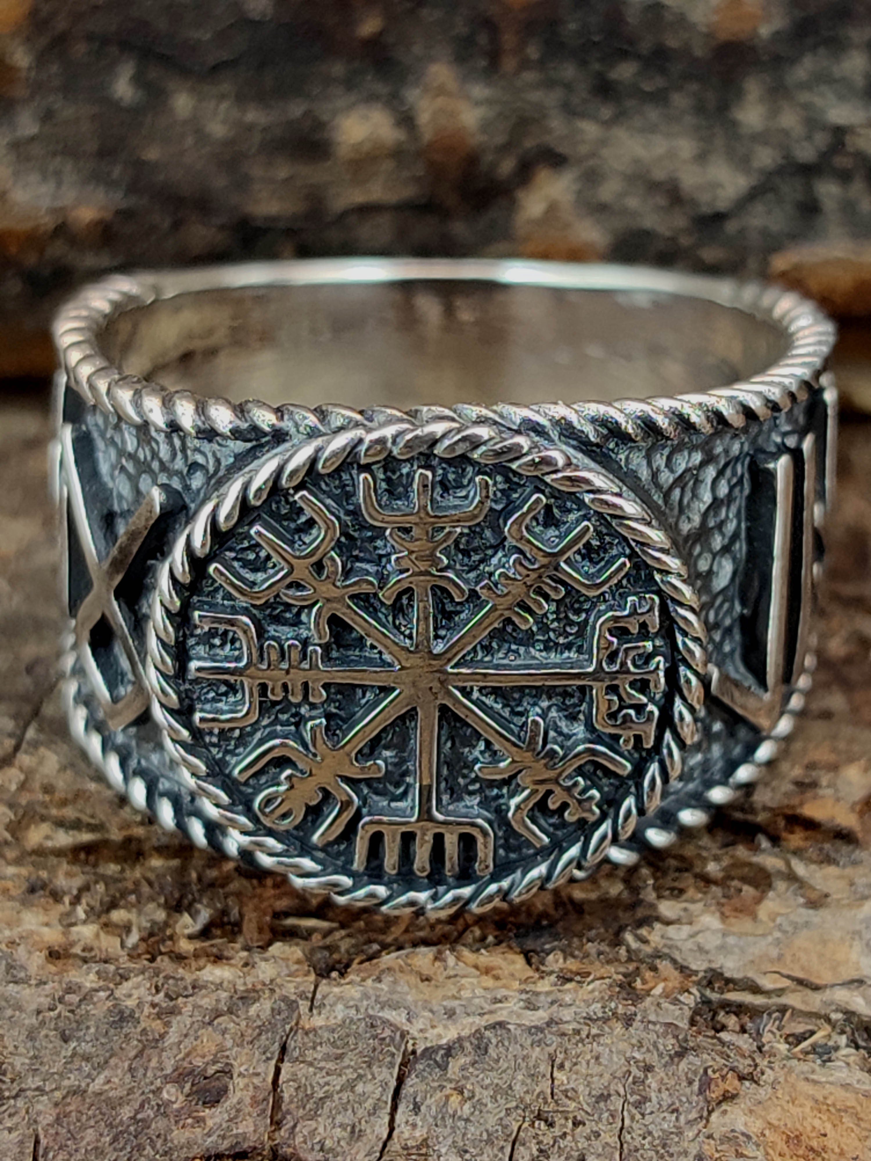 Kiss of Hail Wikingerkompass Ring 54-74 Silberring Leather Runen, Gr. Odin Vegvisir