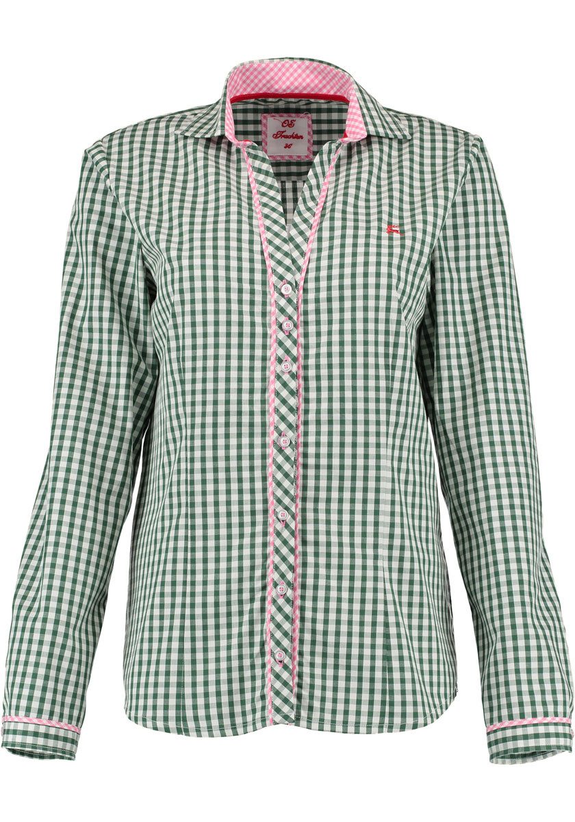 OS Trachten Trachtenbluse Brajus Langarmbluse mit Hirsch-Stickerei auf der linken Brust