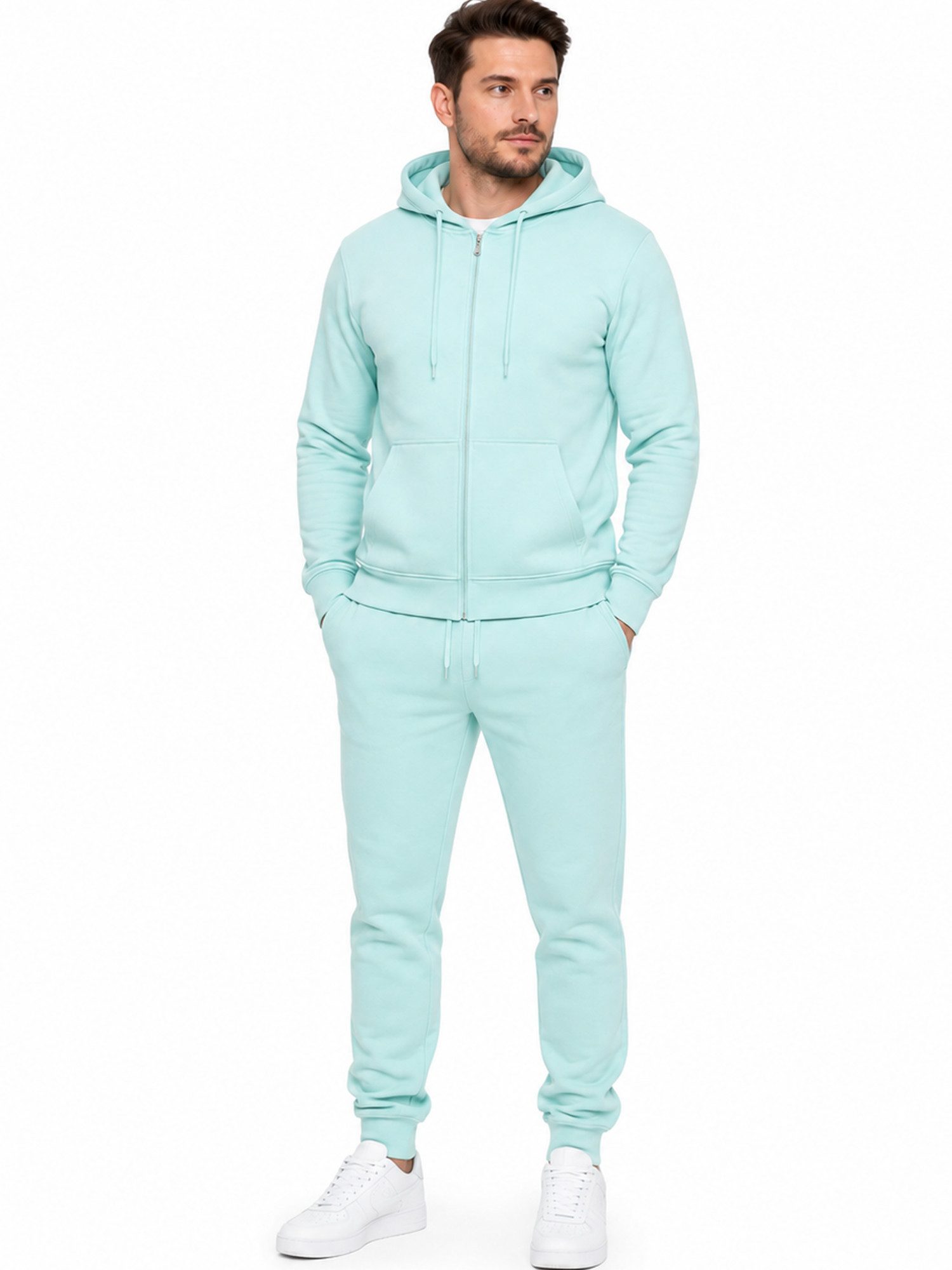 L.gonline Freizeitanzug Herren Jogginganzug einfarbig 100% BW 586 Mint Grün M (Kapuzenjacke mit Reißverschluss, Hose, 2-tlg), Fitness Freizeit Casual