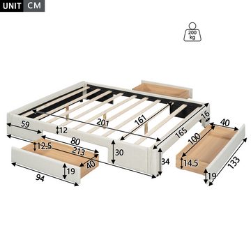 HAUSS SPLOE Polsterbett 160x200cm Flachbett mit 3 Schubladen, ohne Kopfteil, Farbe beige (160*200cm), ohne Matratze