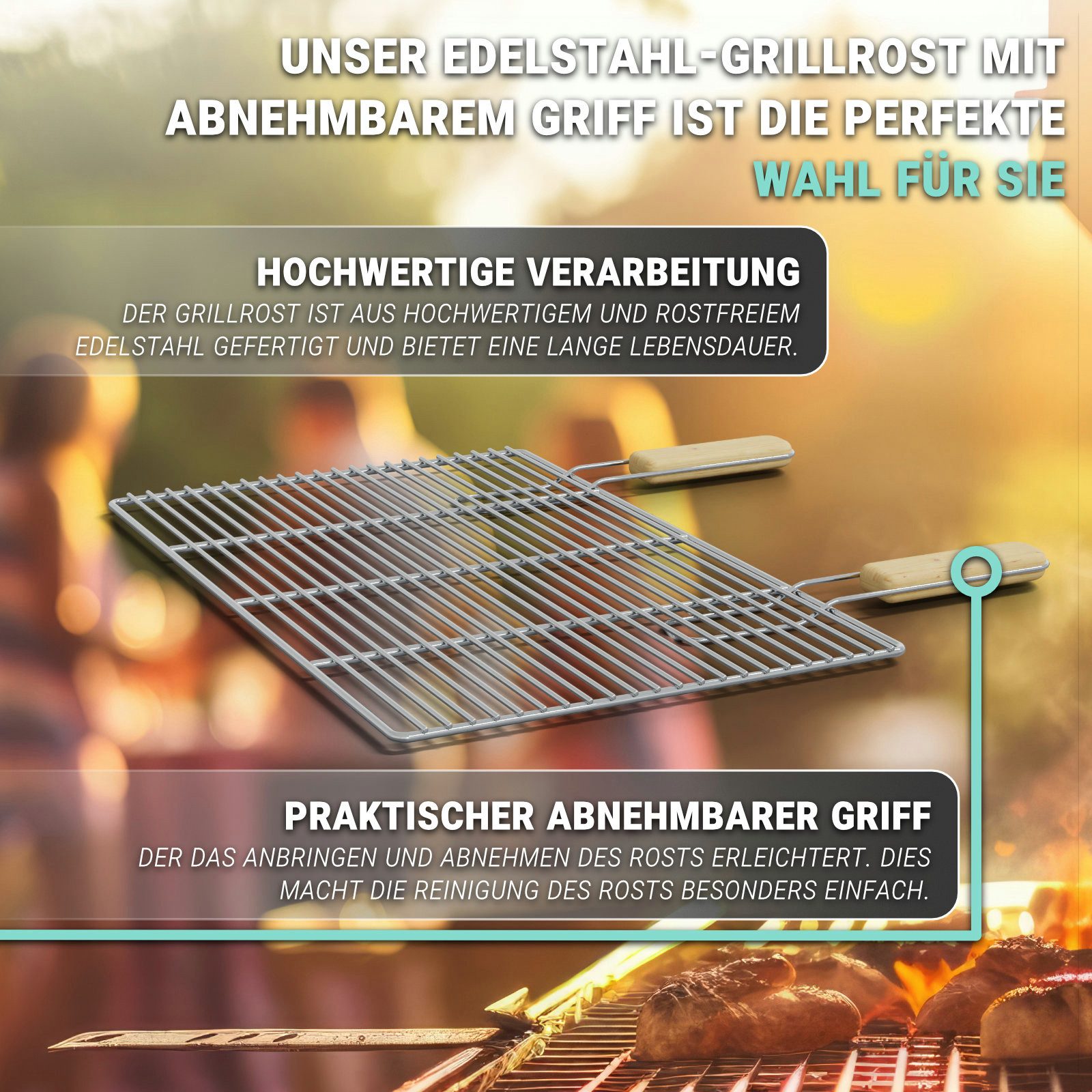 HAGO Grillrost Edelstahl Grillrost Ersatzrost Grillgitter universal Grillauflage Rost (1-St., Mit Griff), Abnehmbare Griffe, lebensmittelecht, universal – Bild 3 von 5