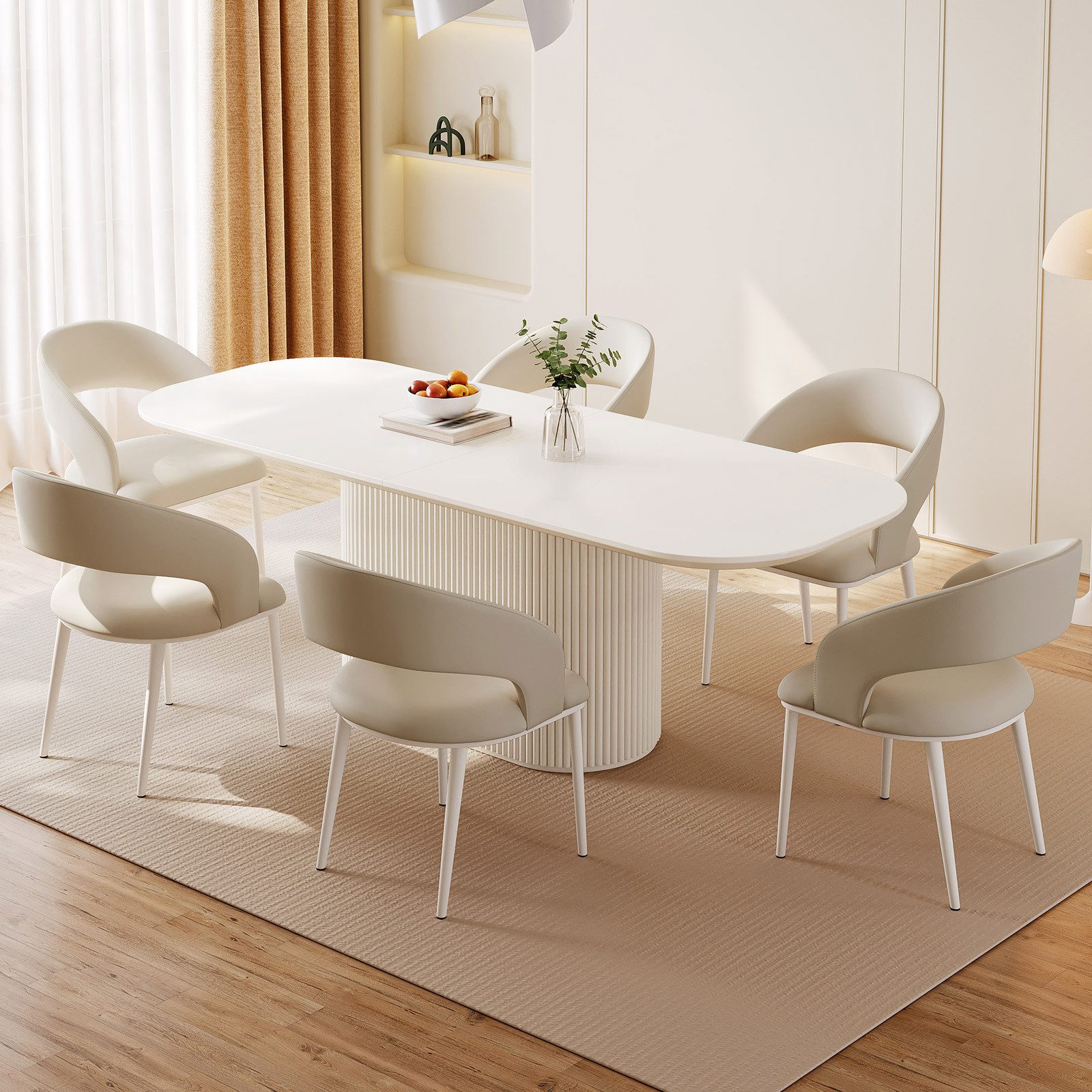 Guyii Essgruppe Esszimmermöbel, cremeweißer ovaler Esstisch mit PU-Esszimmerstühlen, (7-tlg), mit 6 Stühlen, 220 x 85 cm Tisch