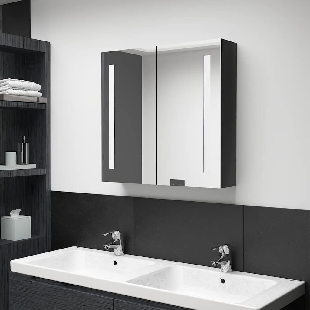 furnicato Badkommode LED-Spiegelschrank 62 x 14 x 60 cm Glänzendes Schwarz (1 St), Beleuchteter Badezimmerschrank mit 3 Böden und USB-Anschluss