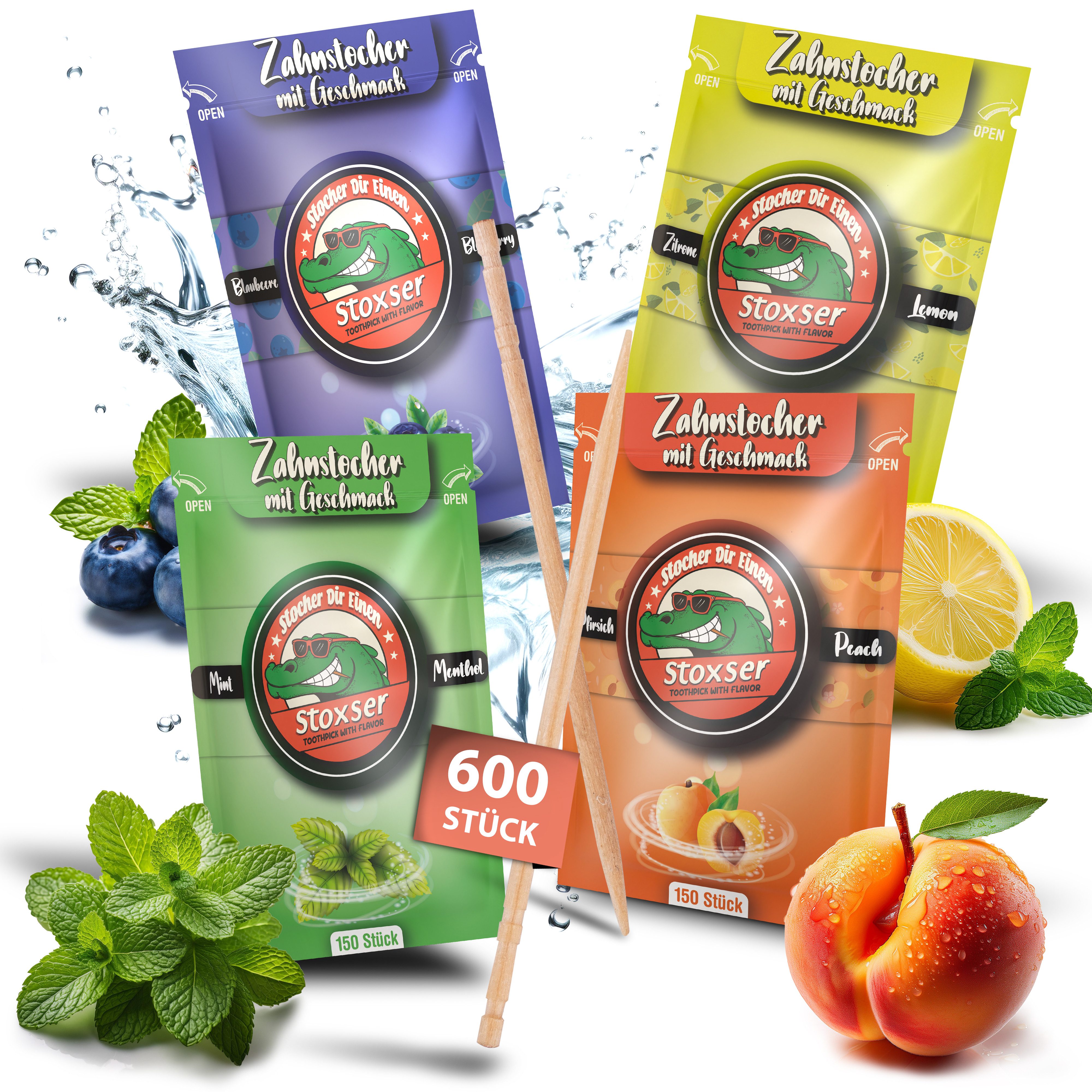 Stoxser Mundpflegecenter Stoxser 600x Zahnstocher mit Geschmack 4er Pack, 600 x Zahnstocher mit Geschmack im 4er Set, Kein Kaugummi Unterstützend zu Zahnpasta Zahnseide Zuckerfrei