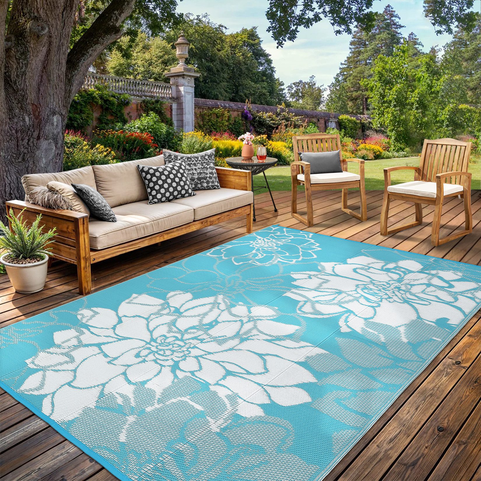 GarveeMore Outdoorteppich Outdoor-Wendeteppich aus PP-Gewebe, wasserfester, inkl. Befestigungsheringe & Tragetasche