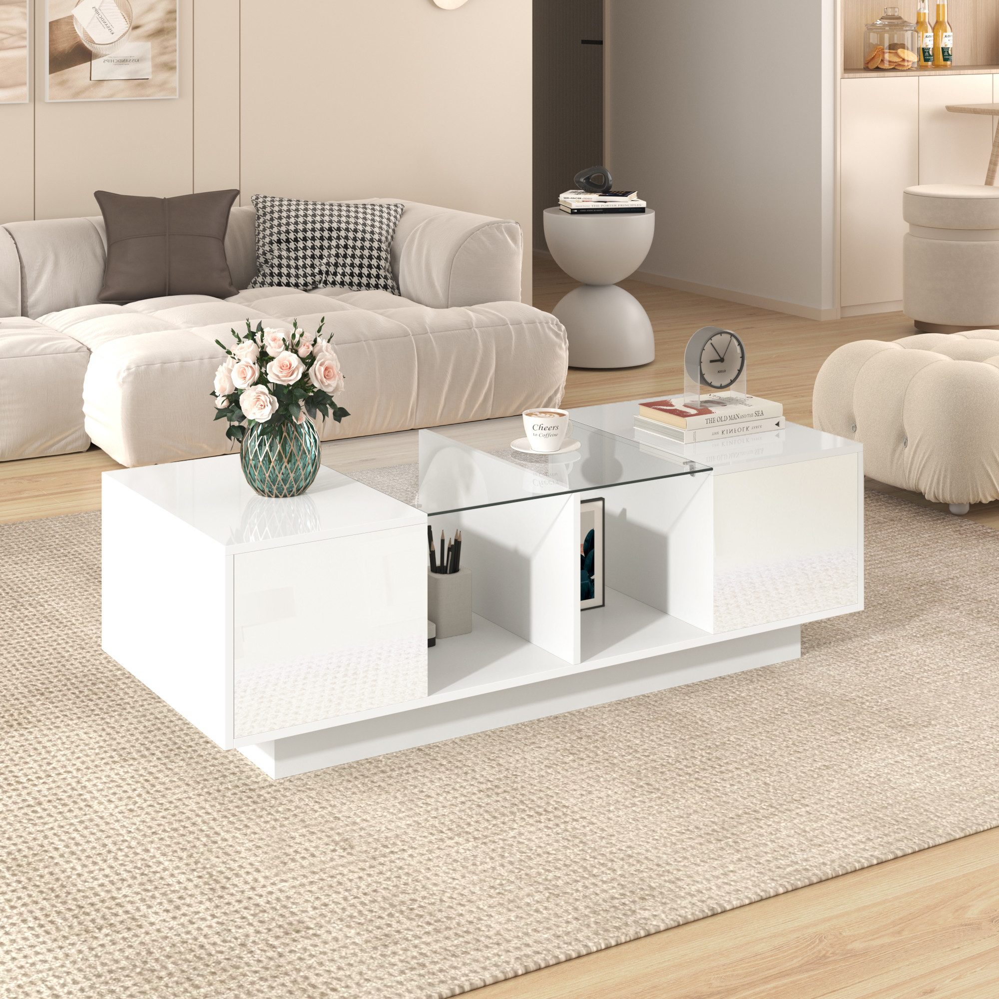 STILVORA Couchtisch weiß,120x50cm Wohnzimmertisch mit LED-Beleuchtung,Hochg günstig online kaufen