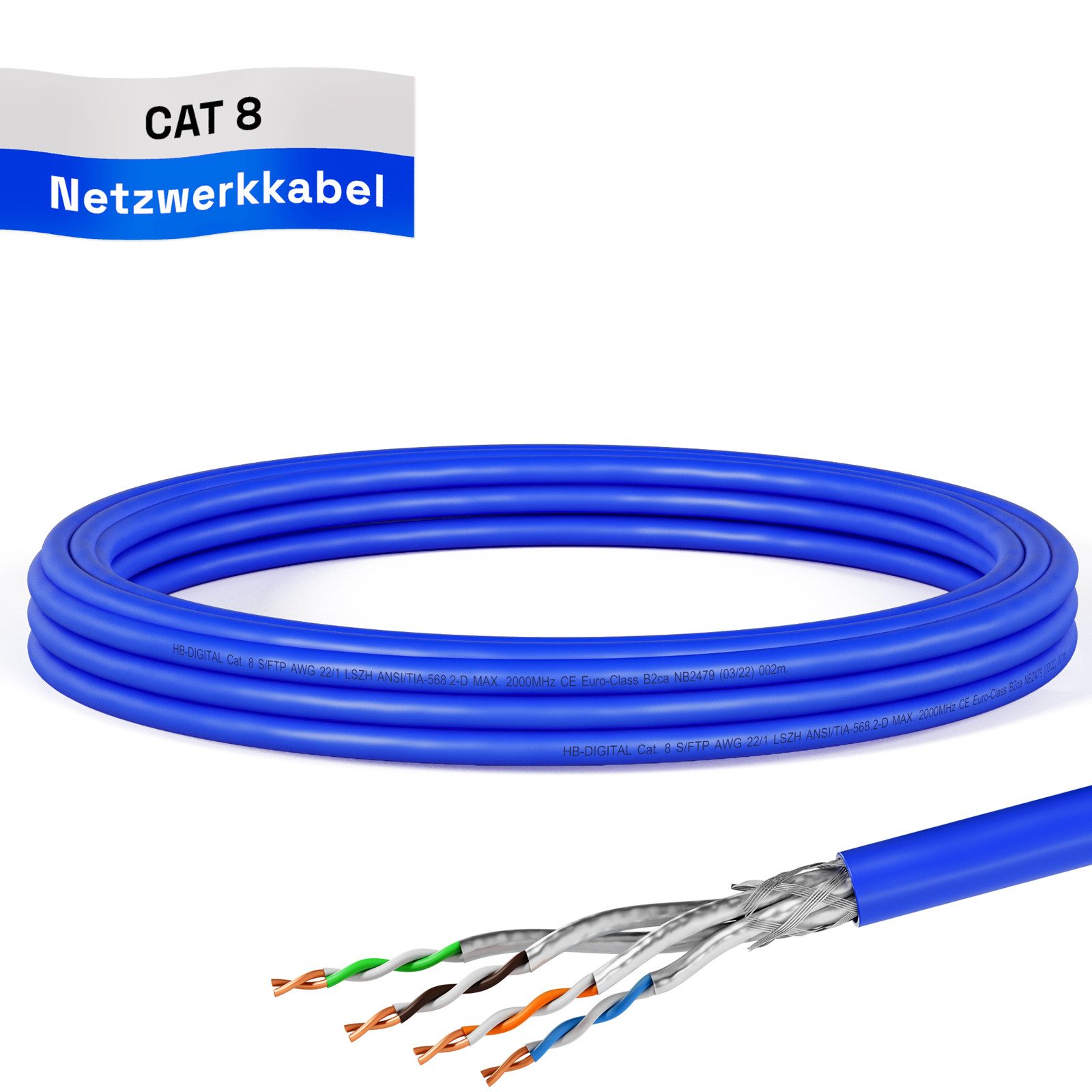 HB-DIGITAL CAT 8 Netzwerk Монтажный кабель Ethernet S/FTP AWG22 LSZH Netzwerkkabel, Netzwerkstecker, (500 cm), Brandschutzklasse BauPVO: B2ca s1a d1 a1