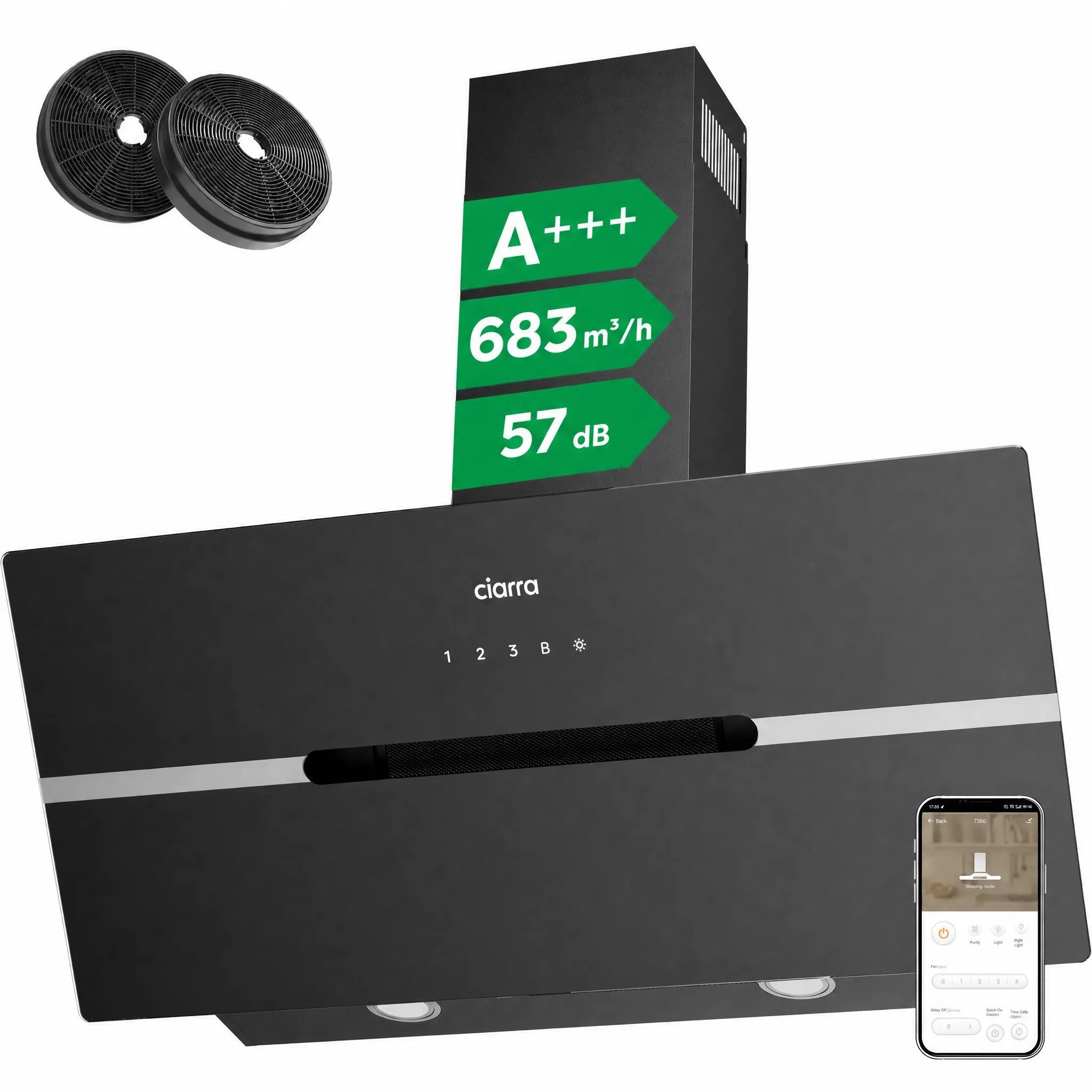 CIARRA Kopffreihaube 90 cm Dunstabzugshaube A+++ 683 m³/h starke Saugleistung LED VMB9736F Serie 4 Stufen Inkl. BOOST 90 cm Dunstabzugshaube A+++ 683 m³/h starke Saugleistung LED VMB9736F, Leise Schräghaube WIFI-APP Touch Control Umluft & Abluft