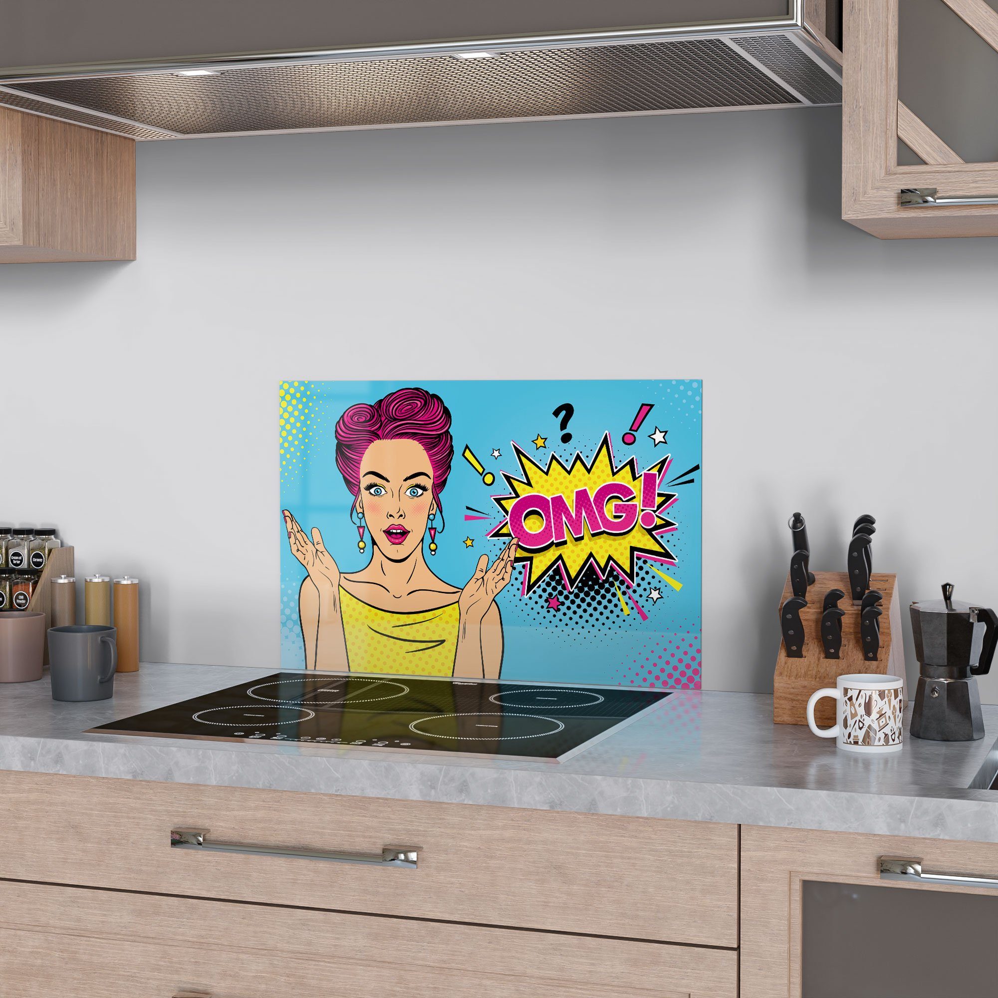 OMG', Spritzschutz Küchenrückwand erstaunt: 'Comic-Frau Badrückwand DEQORI Glas Herdblende