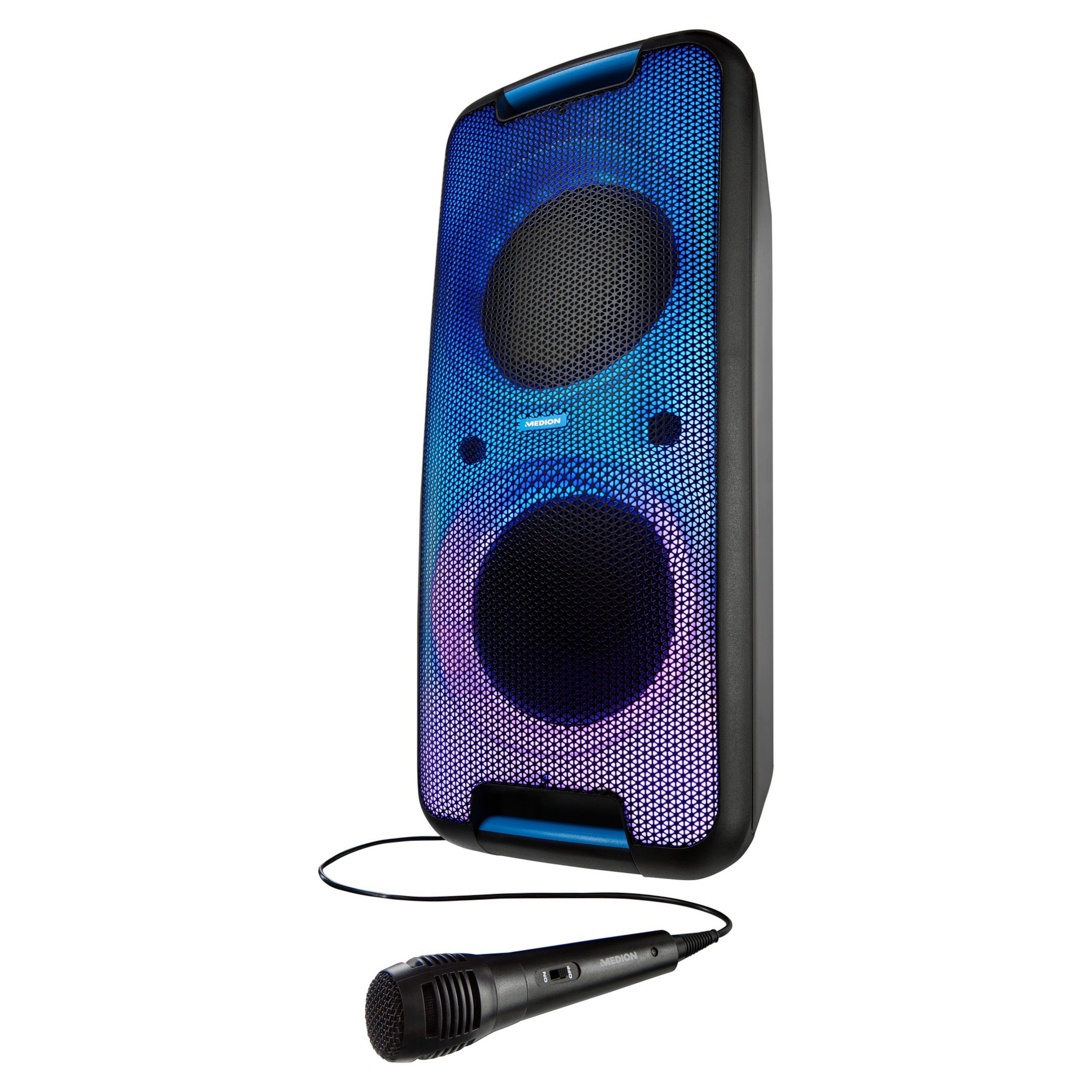 Medion® MEDION MD44080 P61080 Partylautsprecher Karaoke LCD-Display Bluetooth Party-Lautsprecher (90 W, Kraftvolle Bässe, Verschiedene Lichteffekte einstellbar)