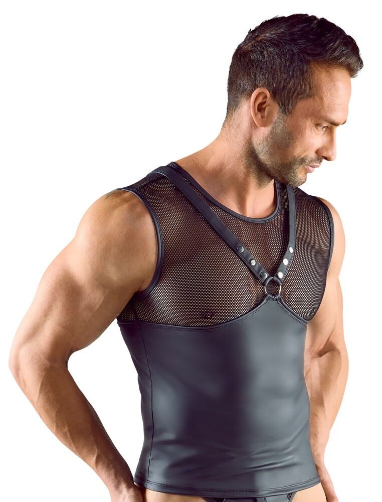 Svenjoyment Muskelshirt Ärmelloses Shirt im Brustharness-Style - schwarz (1-tlg) Stylischer Mattlook und aufregendes Netz