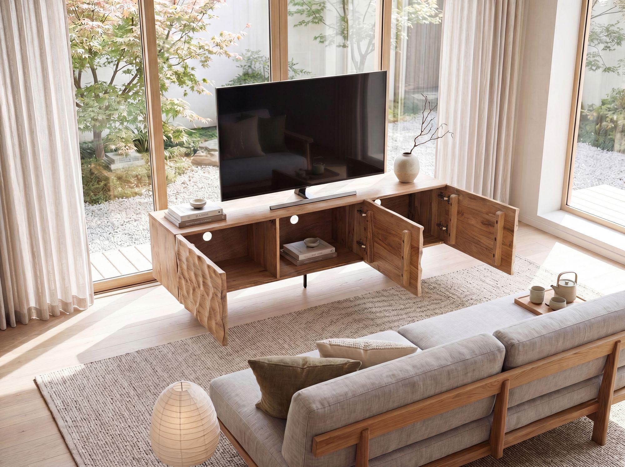 FINEBUY Lowboard FB110656 TV Schrank 160 cm Holz Massiv Fernsehkommode Fernsehschrank (drei Türen 3D-Optik, 160 cm, Akazie Massivholz), TV-Schrank Modern Fernsehtisch, TV-Kommode Hoch