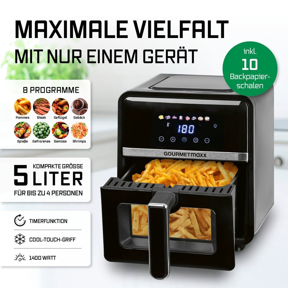 GOURMETmaxx Heißluftfritteuse Heißluftfritteuse, 5 l - 8 Programme, Farb-Icons & Multi-Color LED-Touchdisplay, 1400 W, inkl.10 Backpapierschalen mit Frontfenster LED-Display 8 Programme