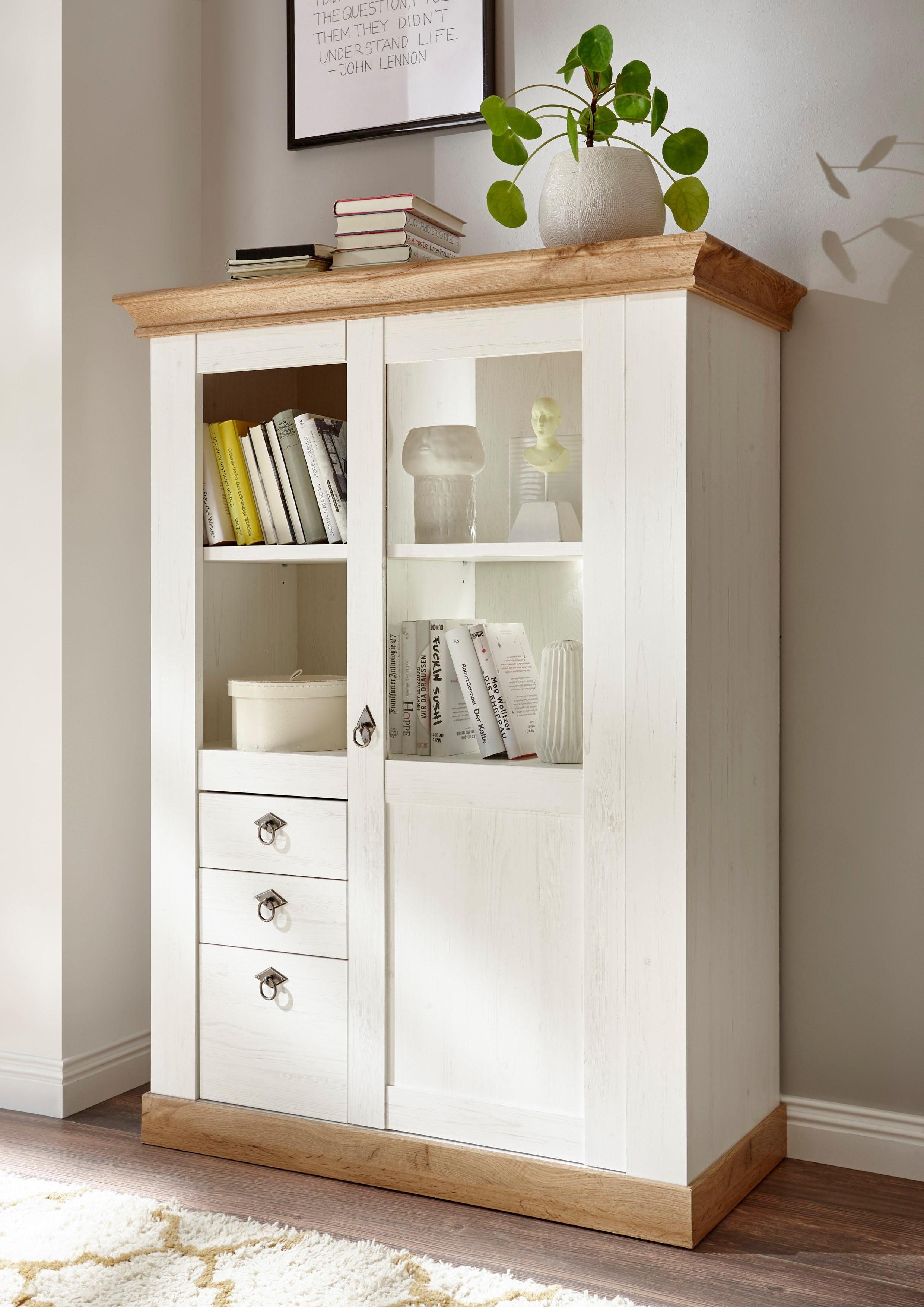 Home affaire Highboard Cremona, Vitrine im Landhausstil, Hochschrank, moderne Glasvitrine, Metallgriffe, ausreichend Stauraum, vielseitig einsetzbar, 139 cm hoch