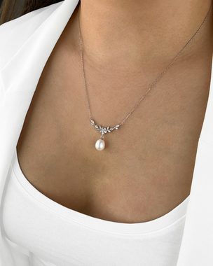 DANIEL CLIFFORD Perlenkette 'Leia' Damen Halskette Silber 925 Anhänger Perle Kristall-Kranz (inkl. Verpackung), größenverstellbare Silberkette 40cm - 45cm Perlenanhänger weiß