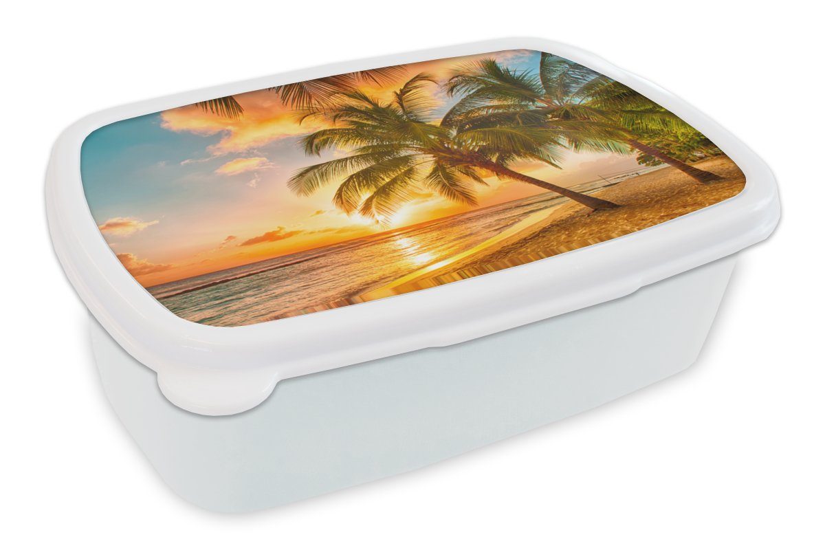MuchoWow Lunchbox Sonnenuntergang - Palme - Wolken - Meer - Strand, Kunststoff, (2-tlg), Brotbox für Kinder und Erwachsene, Brotdose, für Jungs und Mädchen weiß