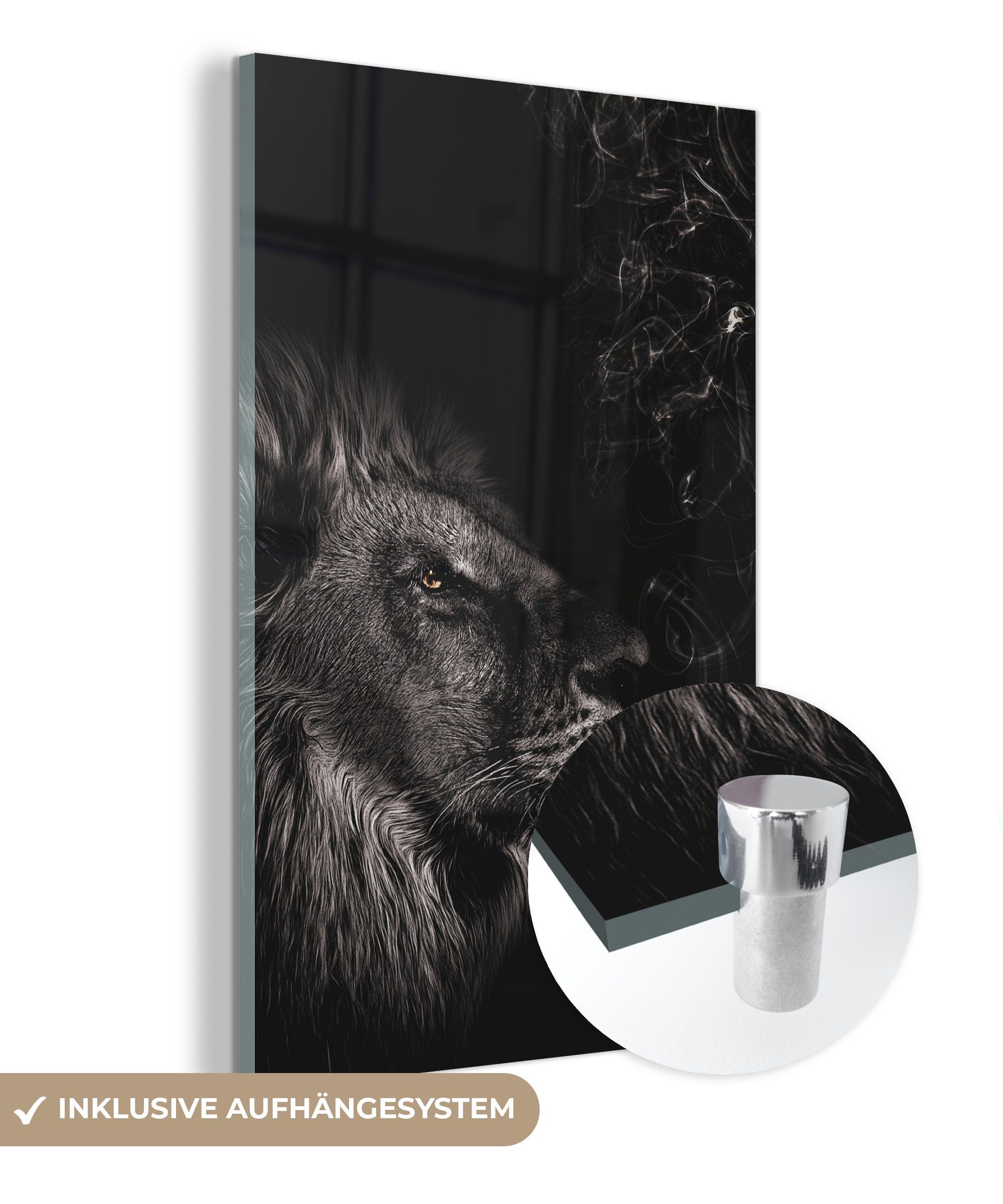 MuchoWow Acrylglasbild Löwe - Zigarette - Schwarz - Weiß, (1 St), Glasbilder - Bilder auf Glas Wandbild - Foto auf Glas - Wanddekoration