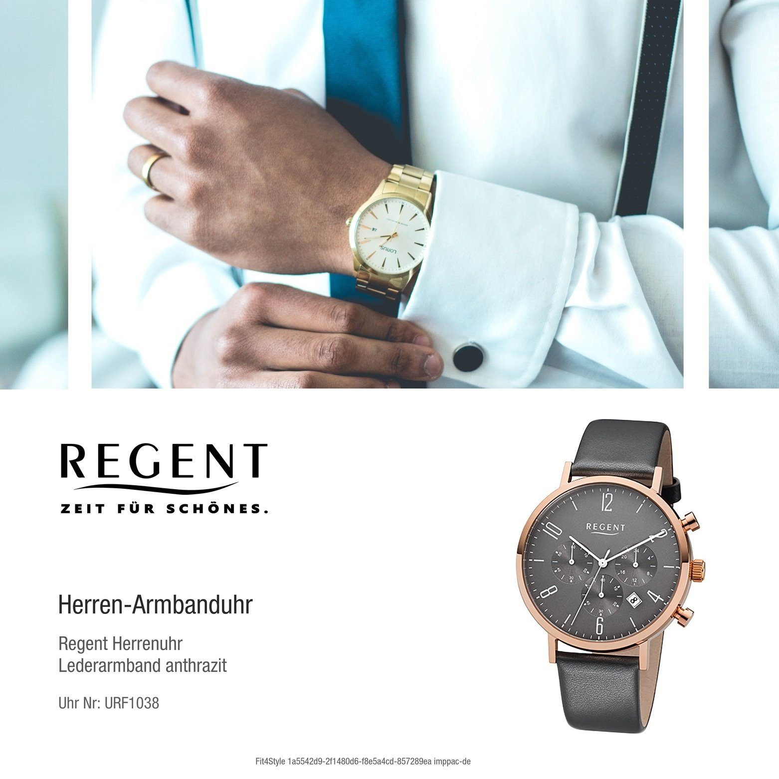 (ca. Elegant groß Herren Herren-Armbanduhr rund, Edelstahl, Chronograph Armbanduhr Regent Regent anthrazit grau, 42mm),
