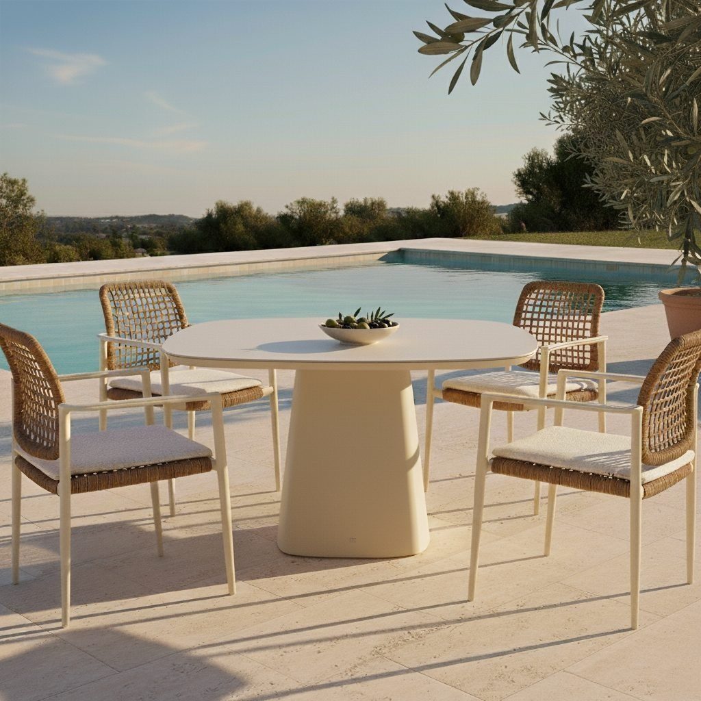 CASA DOMA Garten-Essgruppe Lavello/Lioni, Gartentisch 120x120 cm mit 4 Stapelstühlen, (Outdoor-Set, 5-tlg., Gartenmöbel-Set), Tischplatte Sinterstein, Aluminium cream