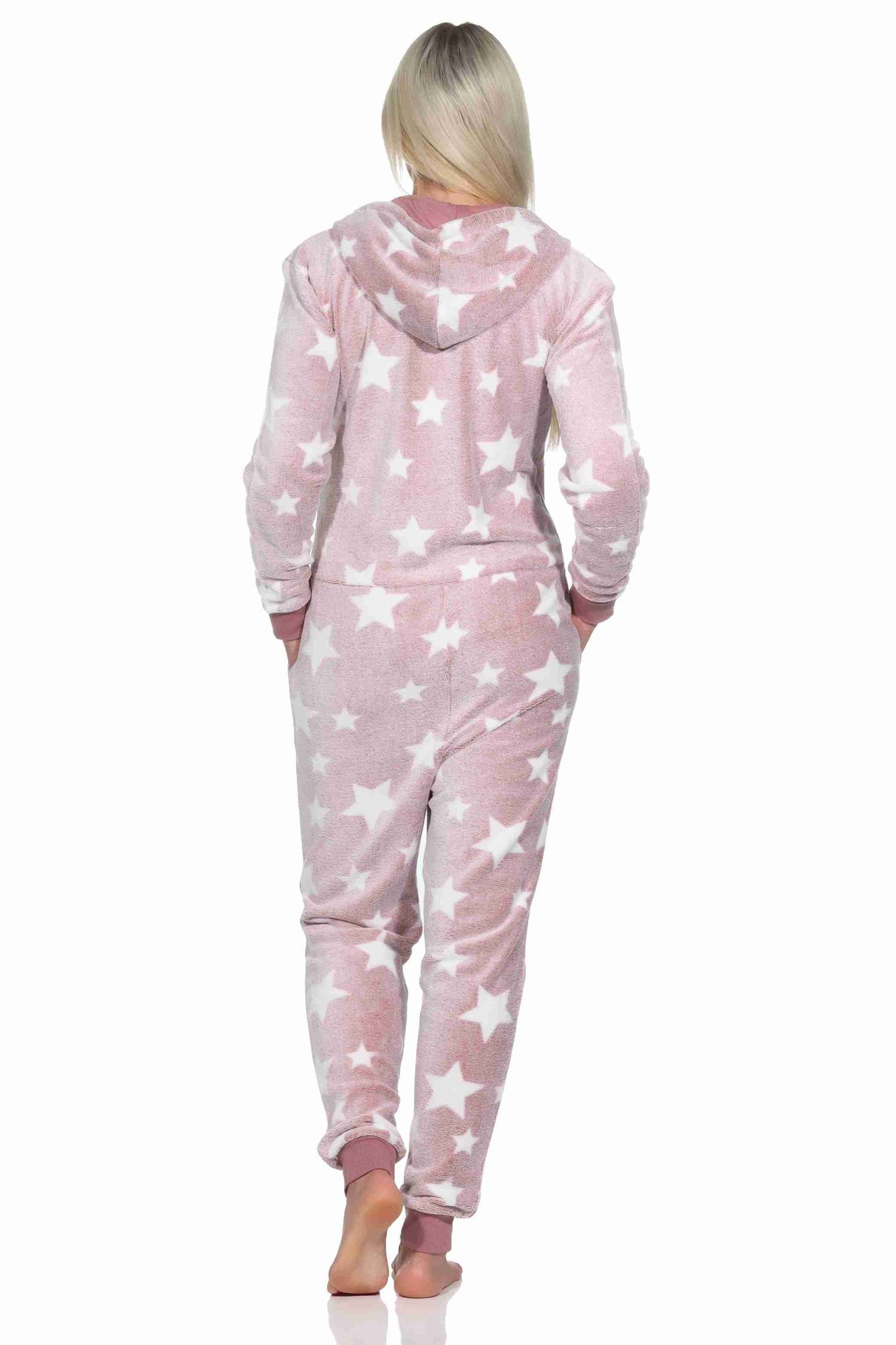 Normann Pyjama Damen Schlafanzug Jumpsuit Overall in Sterneoptik aus Coralfleece