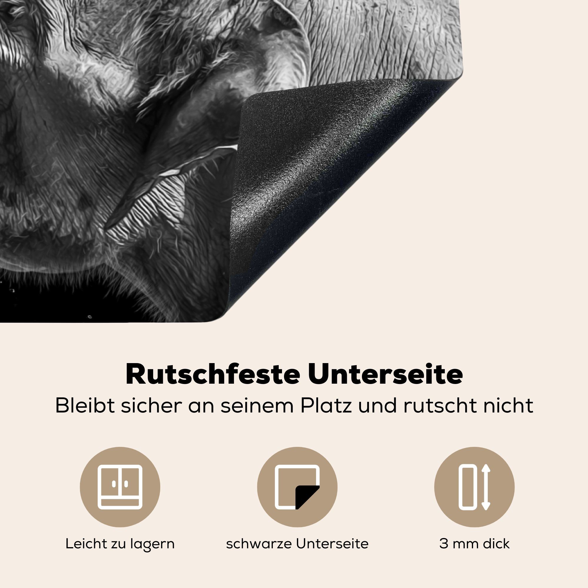 Elefant cm, 77x51 und (1 weiß, tlg), küche - Porträt Ceranfeldabdeckung, MuchoWow für Tiere - Vinyl, Schwarz Herdblende-/Abdeckplatte - Arbeitsplatte
