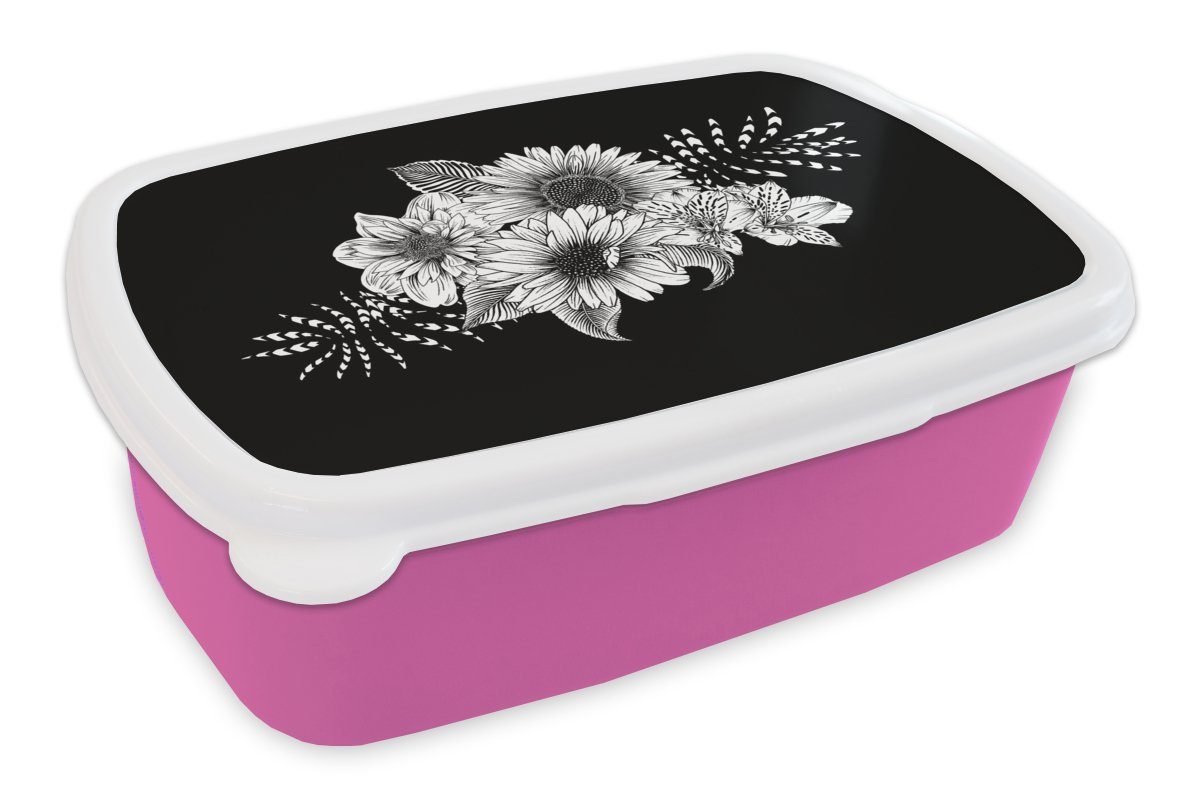 MuchoWow Lunchbox Blumen - Vintage - Blumenkraft, Kunststoff, (2-tlg), Brotbox für Erwachsene, Brotdose Kinder, Snackbox, Mädchen, Kunststoff rosa