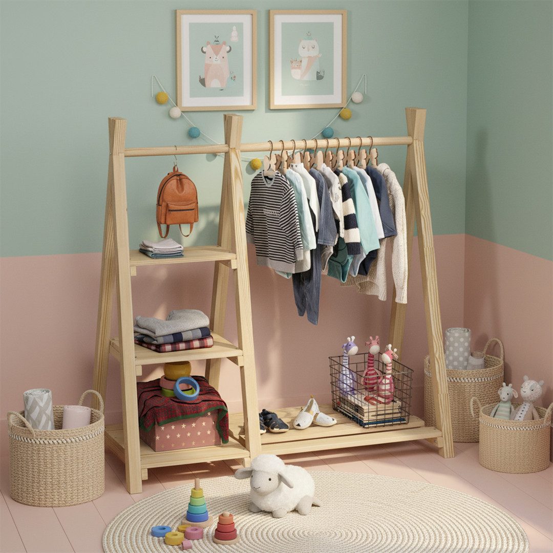Bellabino Kleiderständer Ryck für Kinder im Tipi-Design, (inkl. 3 Fächern), Kindergarderobe mit Kleiderstange & Schuhablagefläche