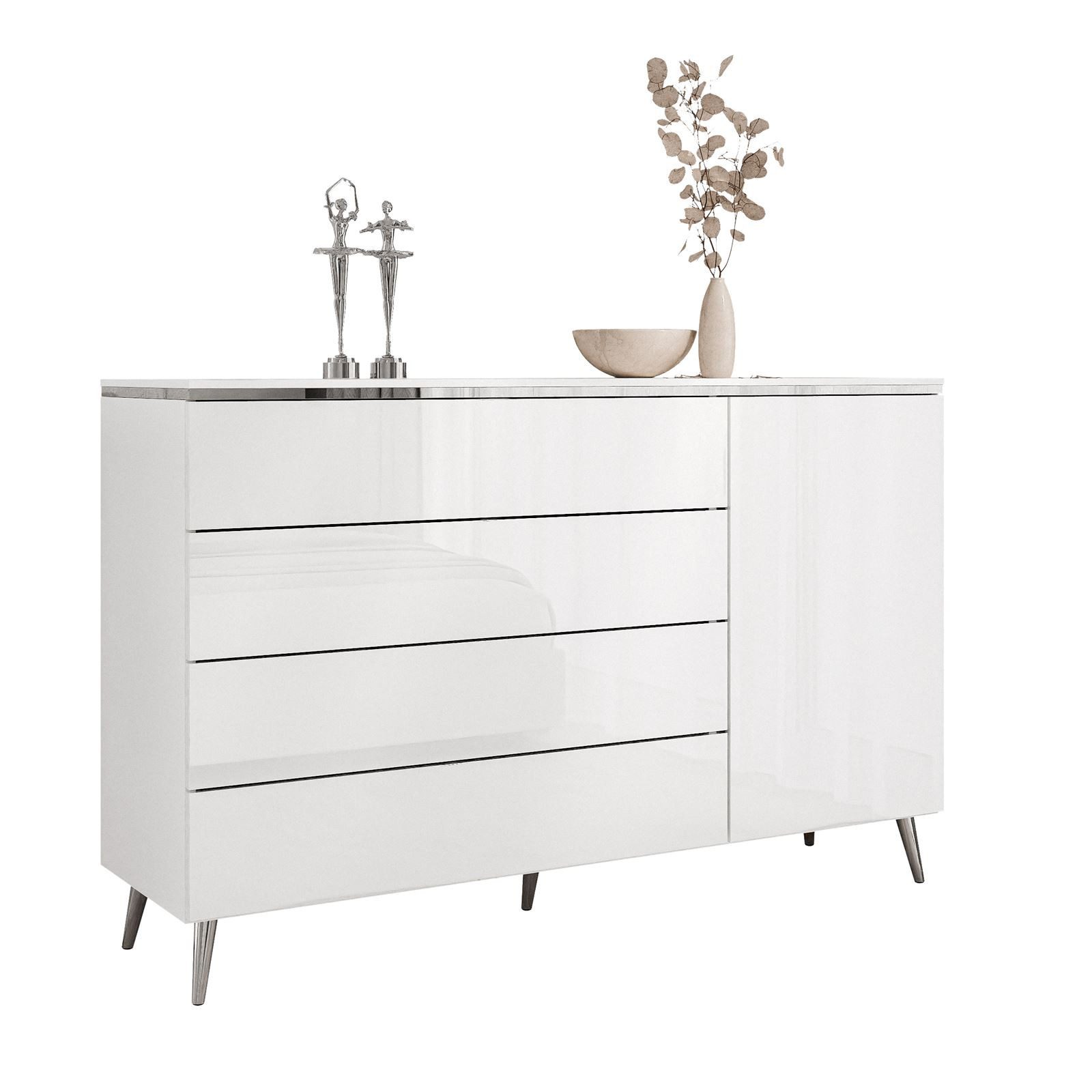 Lookway Kommode AURORA SILVER 1D4S mit Schubladen und Metallbeinen, Breite: 140 cm, Höhe: 76/90/94,5 cm, Tiefe: 40 cm