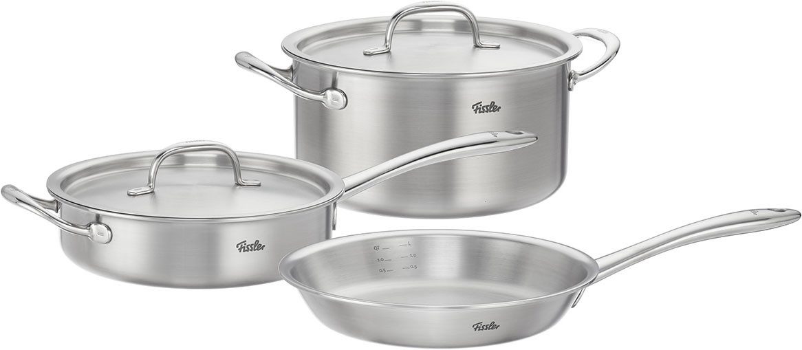 Fissler Topf-Set Fissler M5 Pro-Ply®, Edelstahl-Topfset (5-teilig), Edelstahl 18/10 (Set, 5-tlg., 5-teilig: Bratpfanne, Sauteuse und Stielkasserolle), 5-teiliges Premium Kochgeschirr mit Pro-Ply™ Technologie