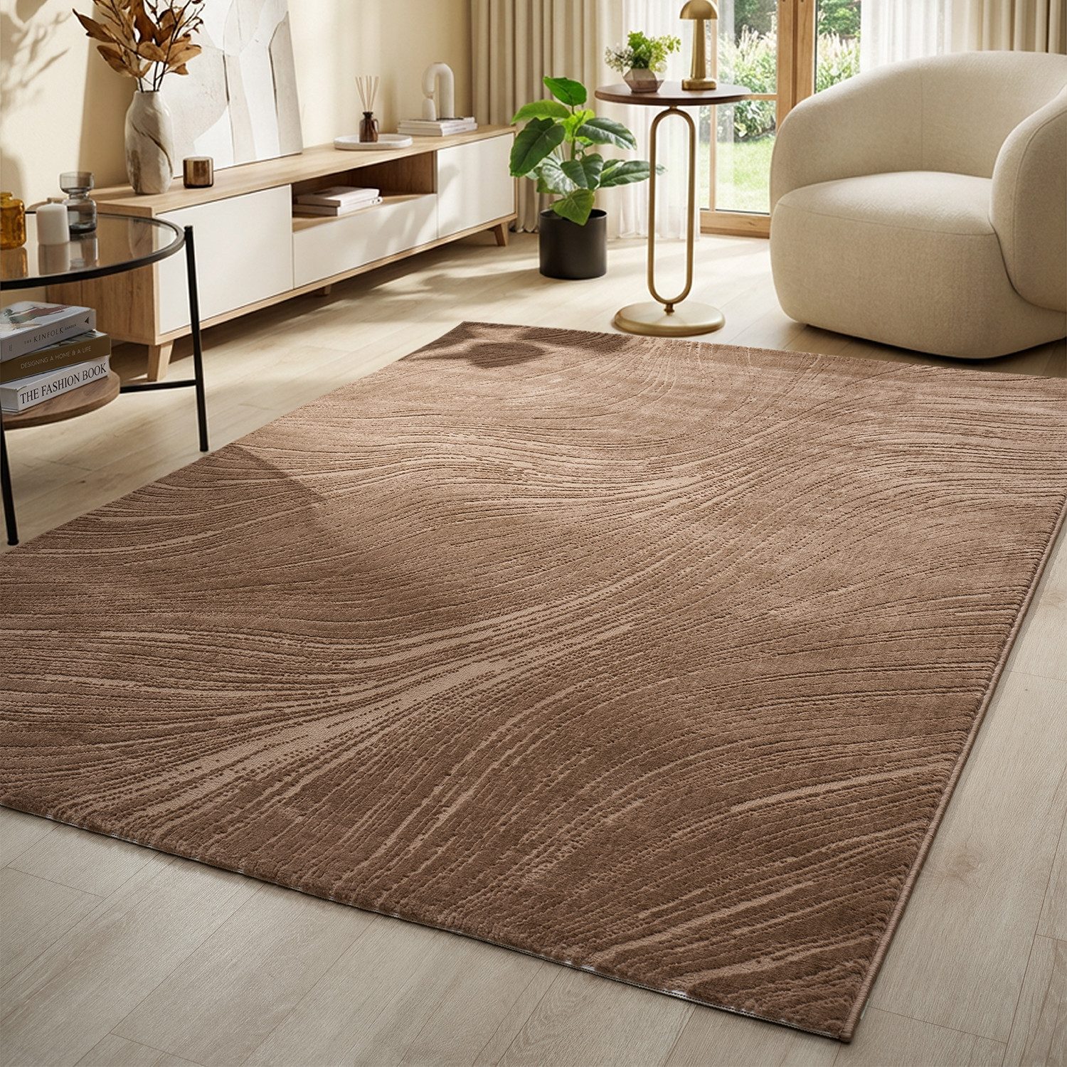 Vimoda Teppich Boho Design Unifarbe Hoch-Tief-Effekt, Rechteckig, Höhe: 6 mm, Teppich 3D Hoch-Tief-Effekt Modern für Esszimmer, Flur & Schlafzimmer