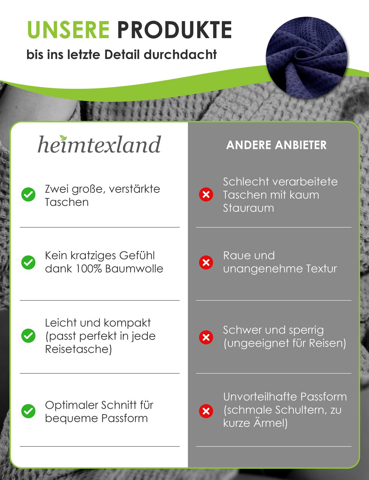 heimtexland Bademantel Reisebademantel Saunamantel Waffelpique Morgenmantel, Midilänge, Baumwolle, 2 Taschen I Bindegürtel, Gürtel, leicht I atmungsaktiv I klei – Bild 5 von 5